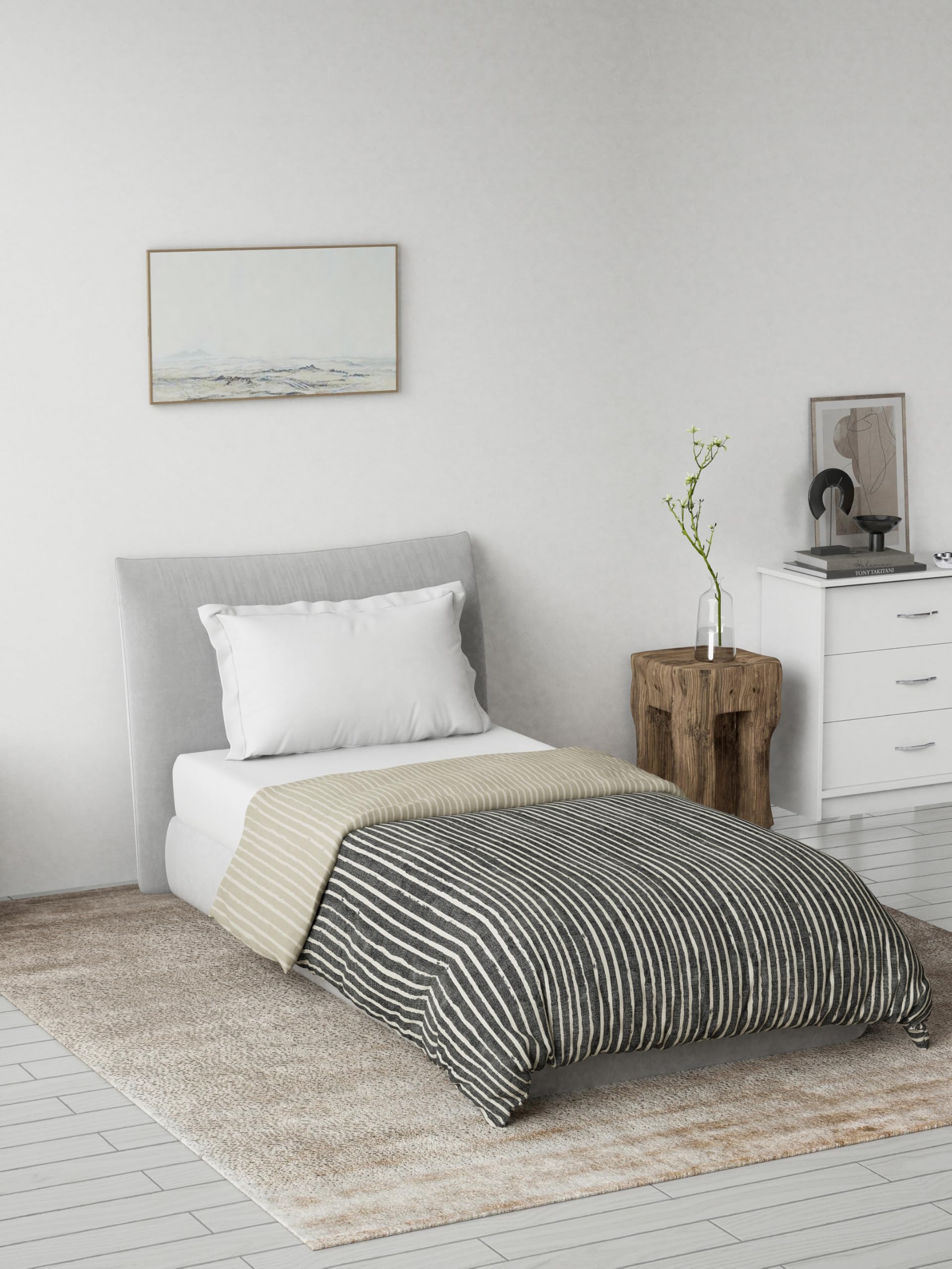 DDecor - Pack of 1 Primary Collection Breathable Reversible Dohar for Mild Winter, 100% Cotton, 145TC, Stripes Single Size Dohar |137 CM X 229 CM| - Grey-picture-11