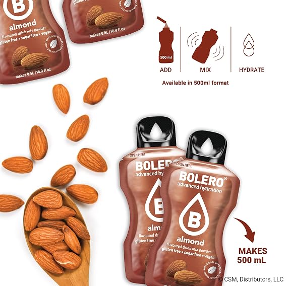 Bolero- Sugar Free Drink Mix Packets Almond Fruit Flavors | Powdered Flavored Water Packets | 36 Small Sachet On The Go Packets