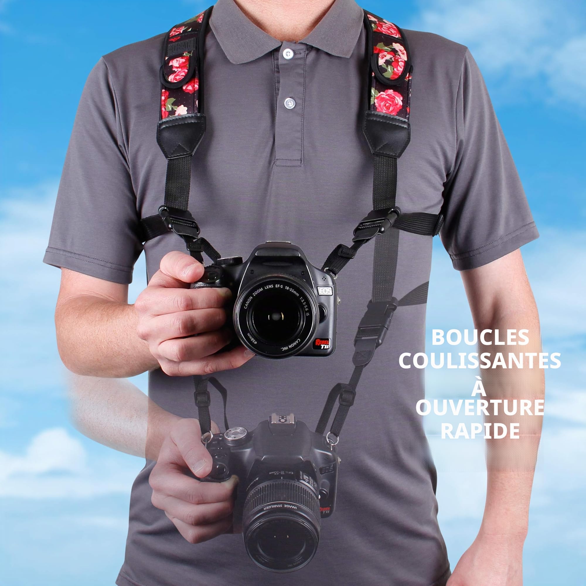 USA Gear DSLR Harnais de Poitrine Pour Appareil Photo Reflex Numérique avec Boucles à Dégagement Rapide et Poches pour Accessoires – Compatible avec Canon, Nikon, Sony et plus