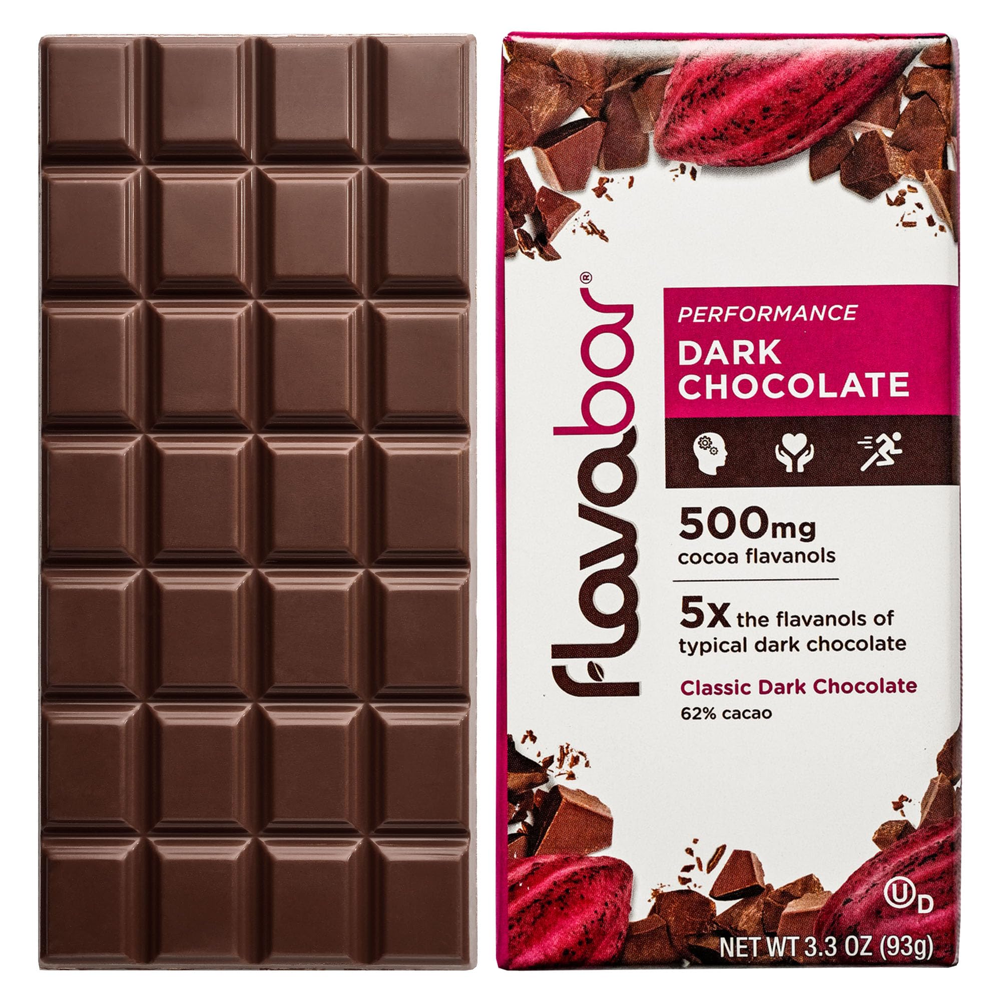 FlavaBar Performance Dark Chocolate | 500 mg Cocoa Flavanols | Classic Dark Chocolate | 6 Pack, 3.3 oz bars