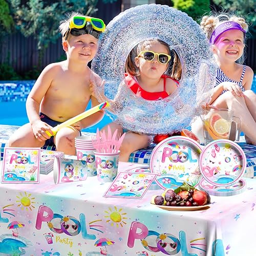 Miniatura 4 de Suministros para fiestas en la piscina, 141 piezas, decoración de mesa rosa para fiesta de piscina, platos de fiesta de piscina, servilletas