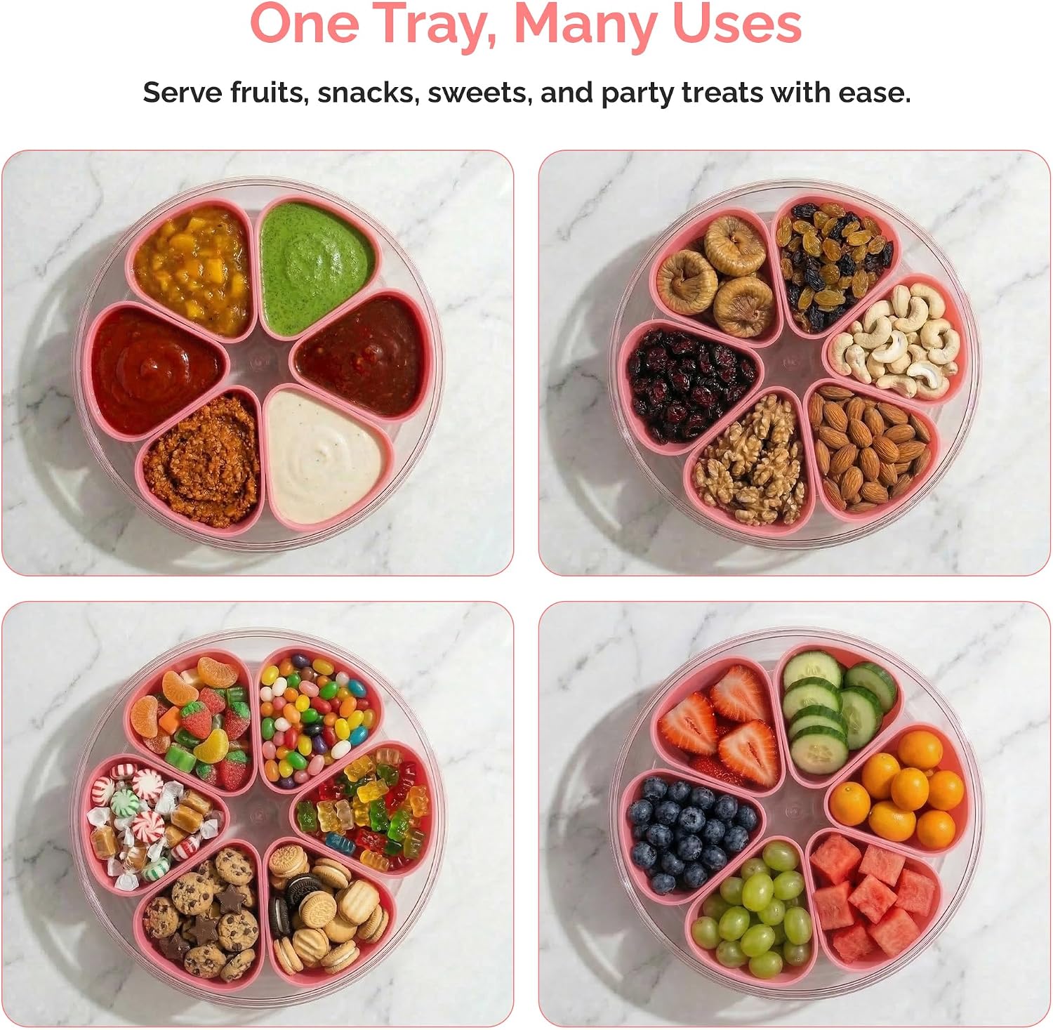 Divided Serving Tray with Lid,Stackable Snackle Box Strawberry Container for Fruits Candy Organizer, Portable Rounded Veggie Tray for Kitchen, Party, Trave and Picnic (Pink)