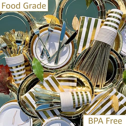 Miniatura 9 de Platos de fiesta de papel dorado, tazas y servilletas, juegos de suministros para fiesta para 25 invitados, cuchillos de plástico dorado, para