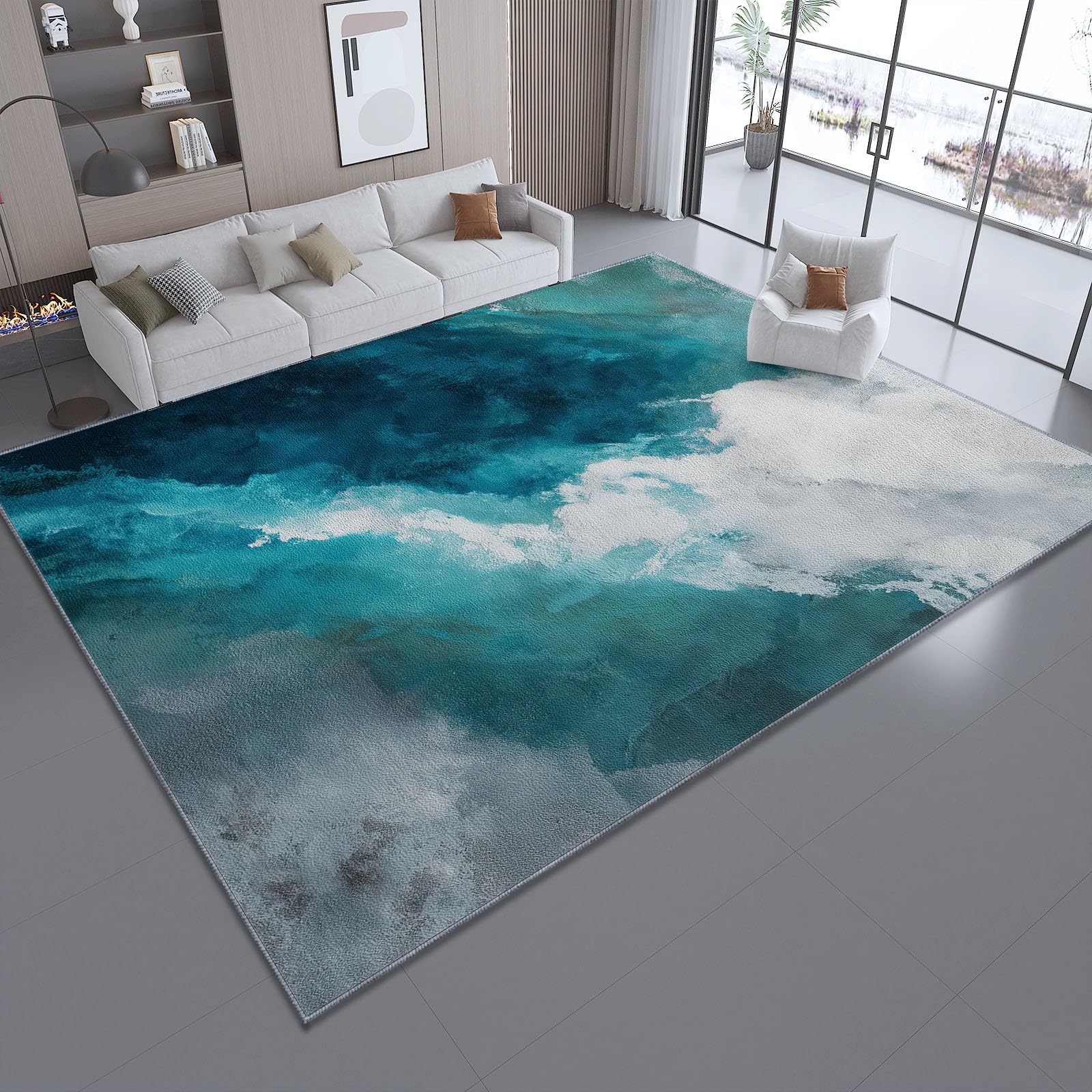 Tappeto per soggiorno 120 x 170 cm Tappeti lavabile in lavatrice morbido a pelo corto per camera da letto Moderno Effetto consumato Ombreggiatura tappeto resistente alle macchie Lago Blu Bianco