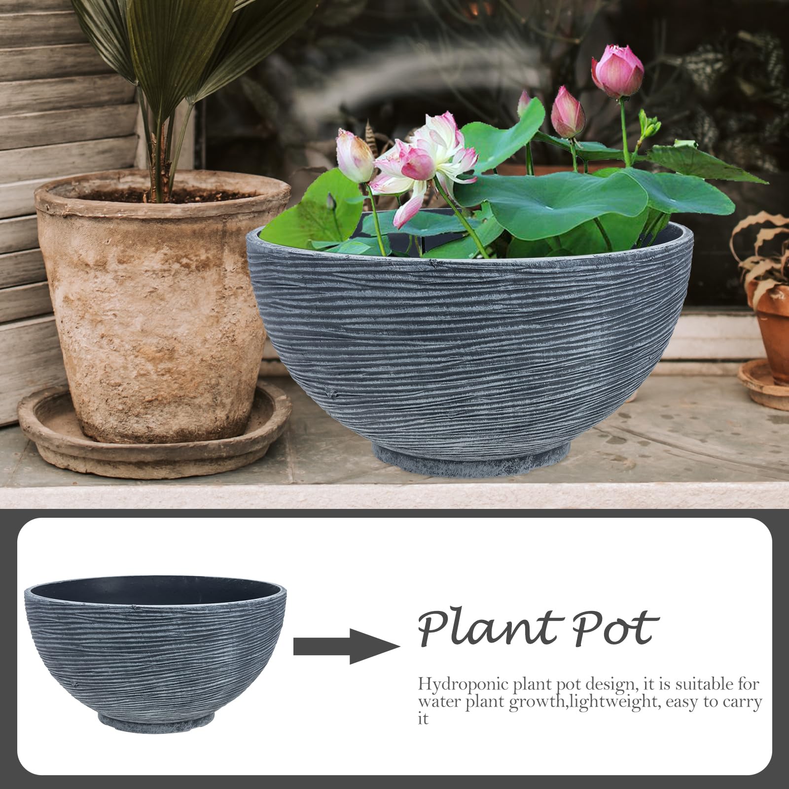 Happyyami Maceta flotante de lirio de agua, maceta hidropónica grande, cuenco para plantas de jardín, contenedor para plantas de jardín, accesorios para decoración del hogar, macetas grises