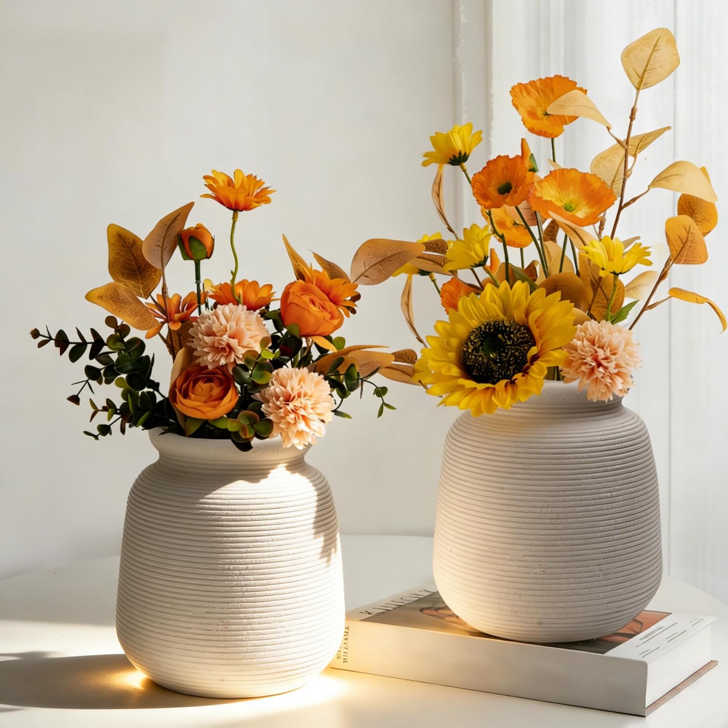 Ceramic Vase Set of 2, 7.1" Handcrafted Rustic Flower Vases for Modern Home Decor, Boho Farmhouse Decorative Vases for Living Room, Table, Shelf, Ideal Gift for Mother's Day, Birthday, Housewarming