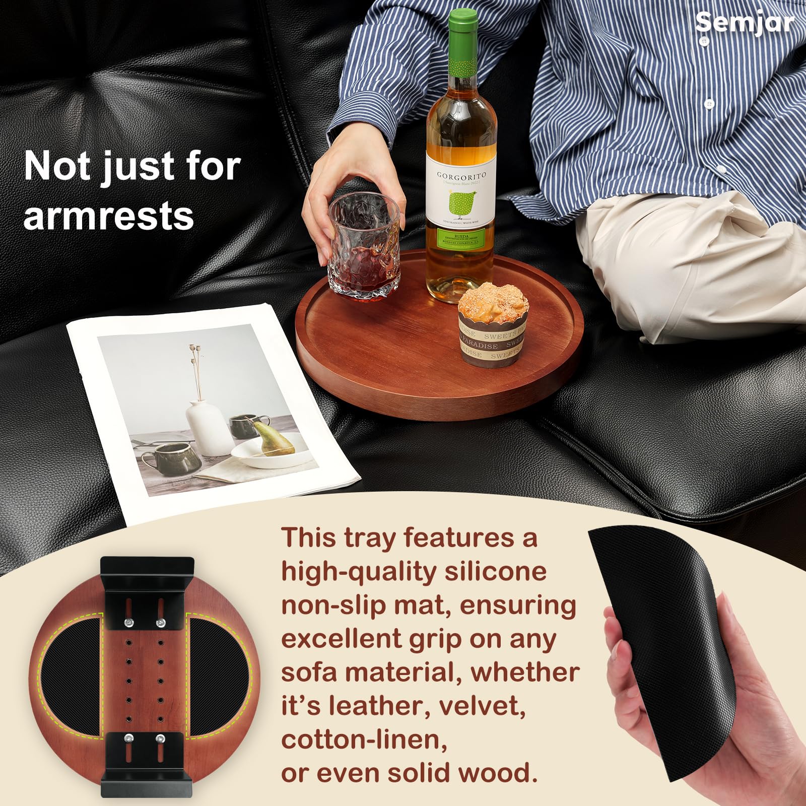 Juego de 2 mesas de madera natural para sofá, bandeja ajustable con clip para el brazo con soporte para teléfono, bandeja para brazo de sofá, mesa de brazo para sofás, bandeja redonda para