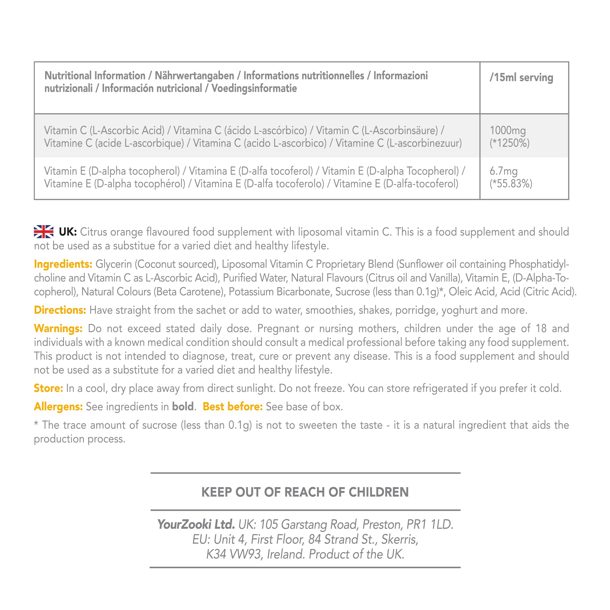 YourZooki Liposomal Vitamin C Liquid Sachets 1000mg Alcohol Free