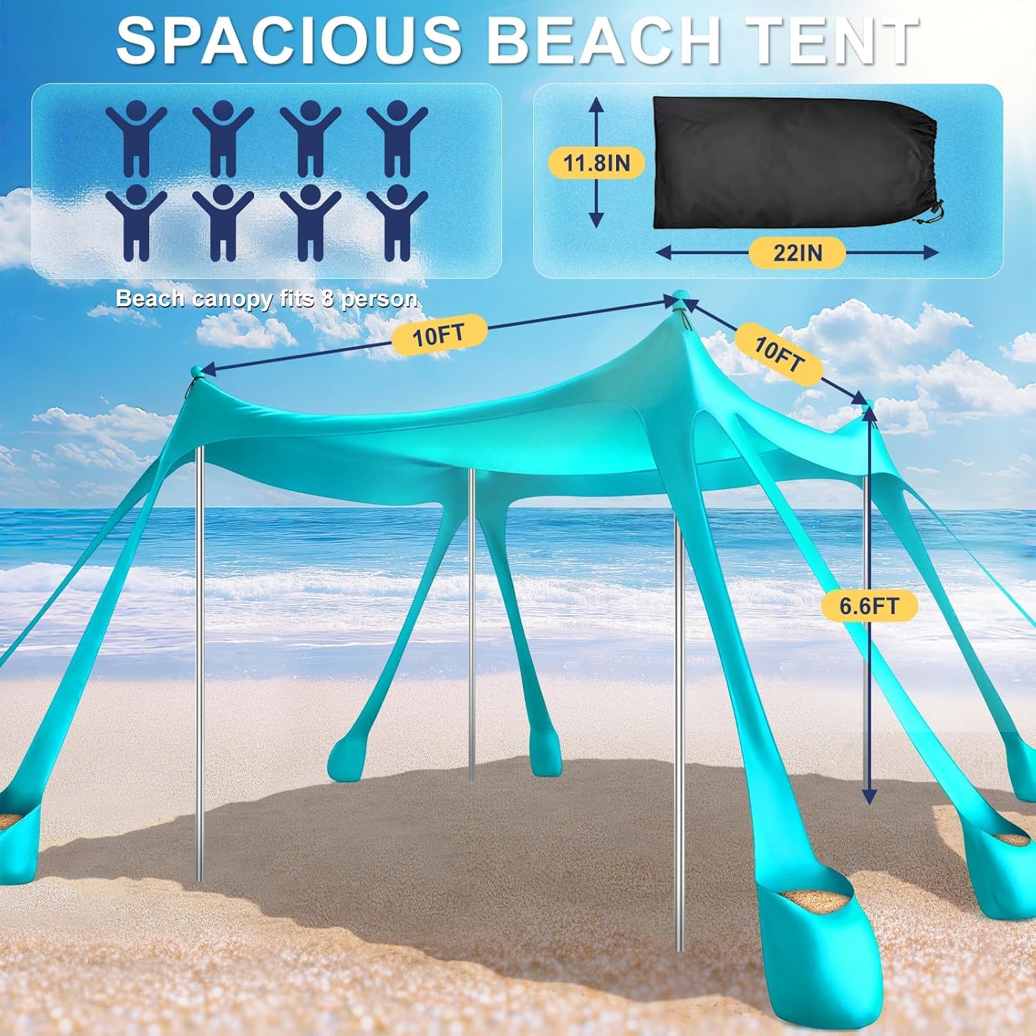 Namiot plażowy UPF 50+, 3 x 3 m, daszek plażowy, daszek plażowy Pop-Up z 8 workami na piasek, ochrona przed słońcem, na kemping, do wędkowania (turkusowy)