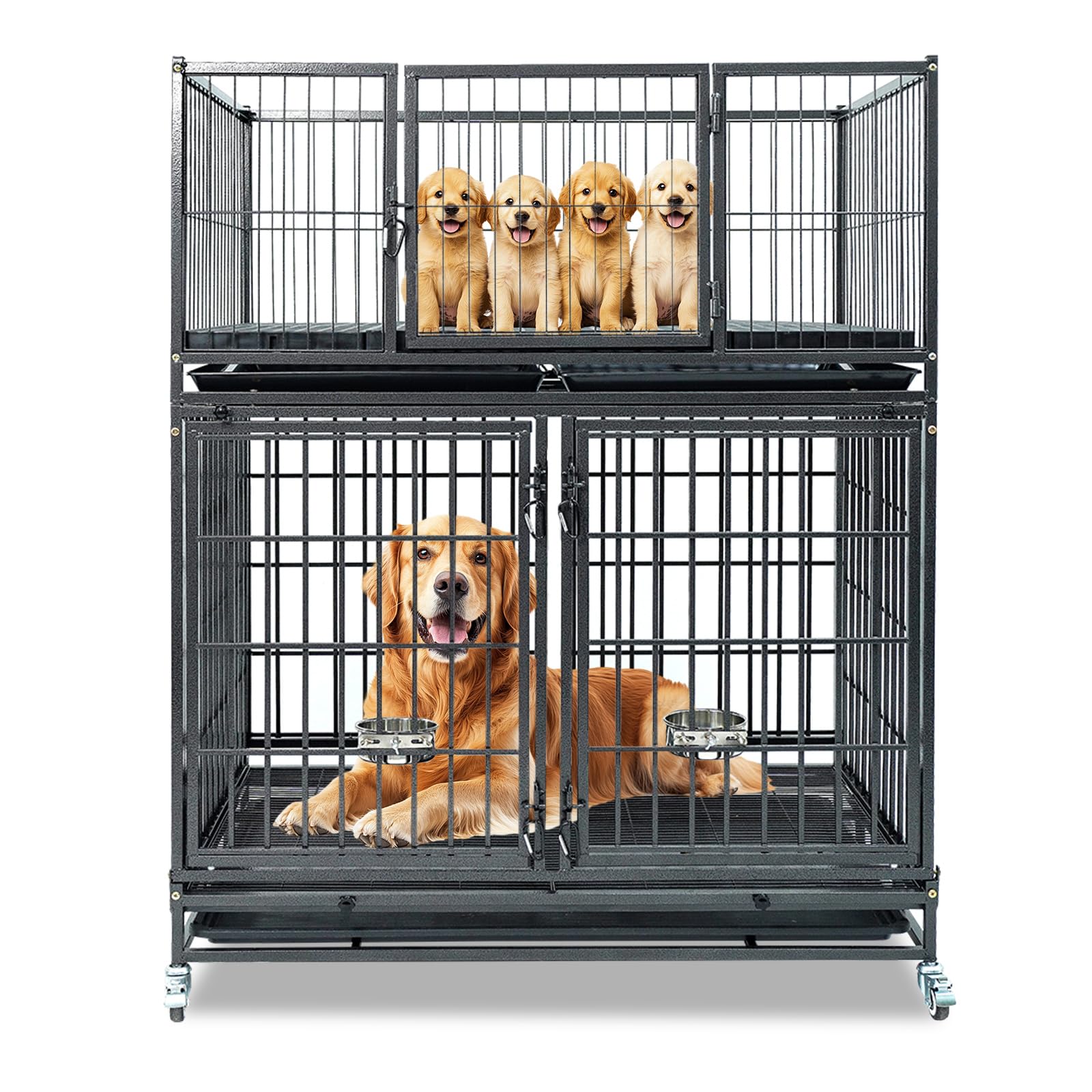 Homey Pet 42 Inch Dog Crate Cage Kennel, Stackable Dog Crates for Medium Small Dogs, Whelping Box for Puppies, Two Tiers Crates for Dogs Indoor with