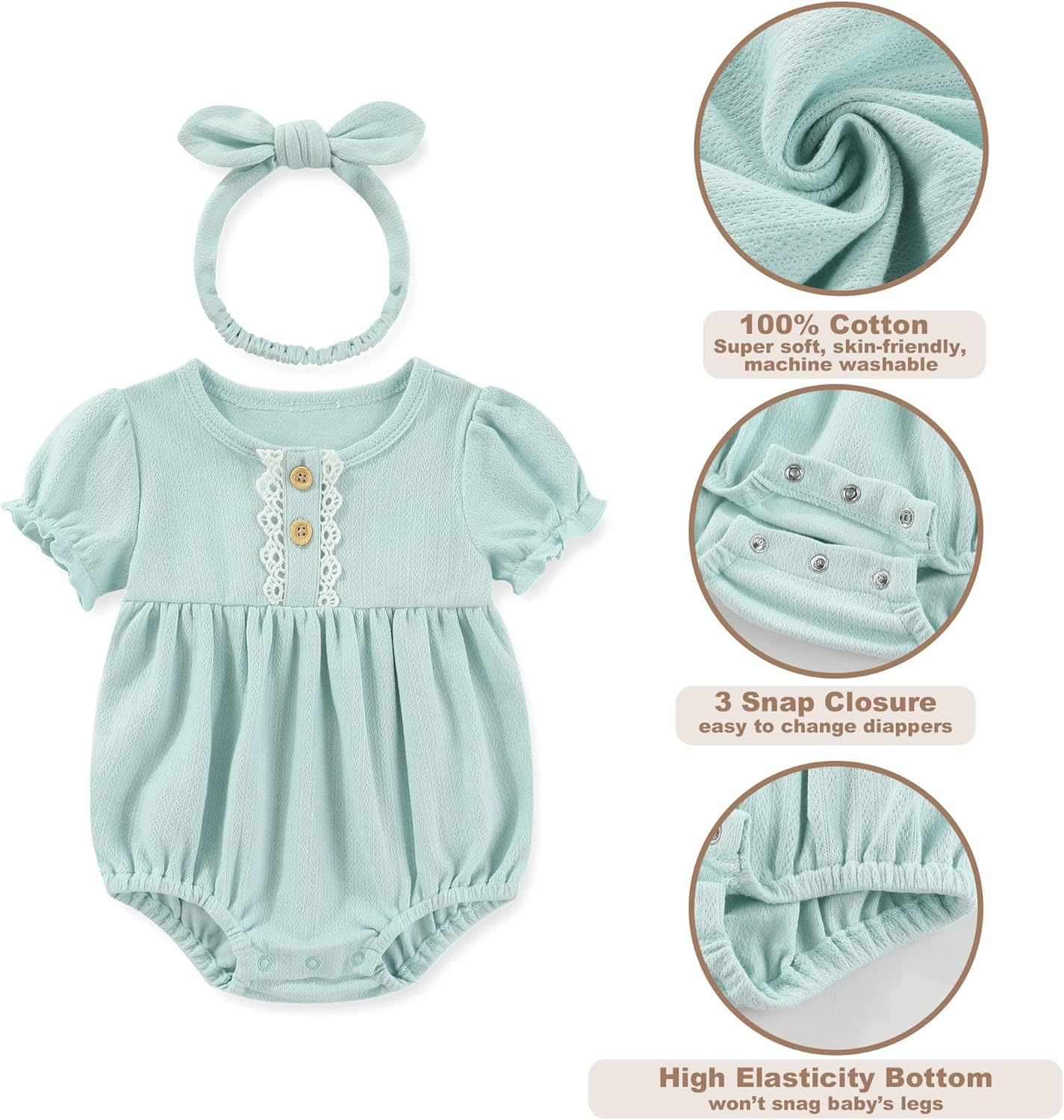 Newborn Baby Girl Clothes Cotton Bubble Romper Floral Short Sleeve Bodysuit 3 Pack - Image 5