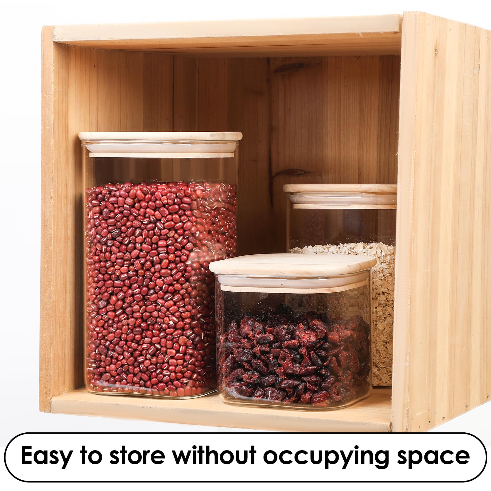 Honmtp Airtight glass food storage containers with pine lids (20oz/34oz/44oz) Set of 6, Storage jars with lids and seals, For flour cereal sugar tea coffee bean snacks rice, Square