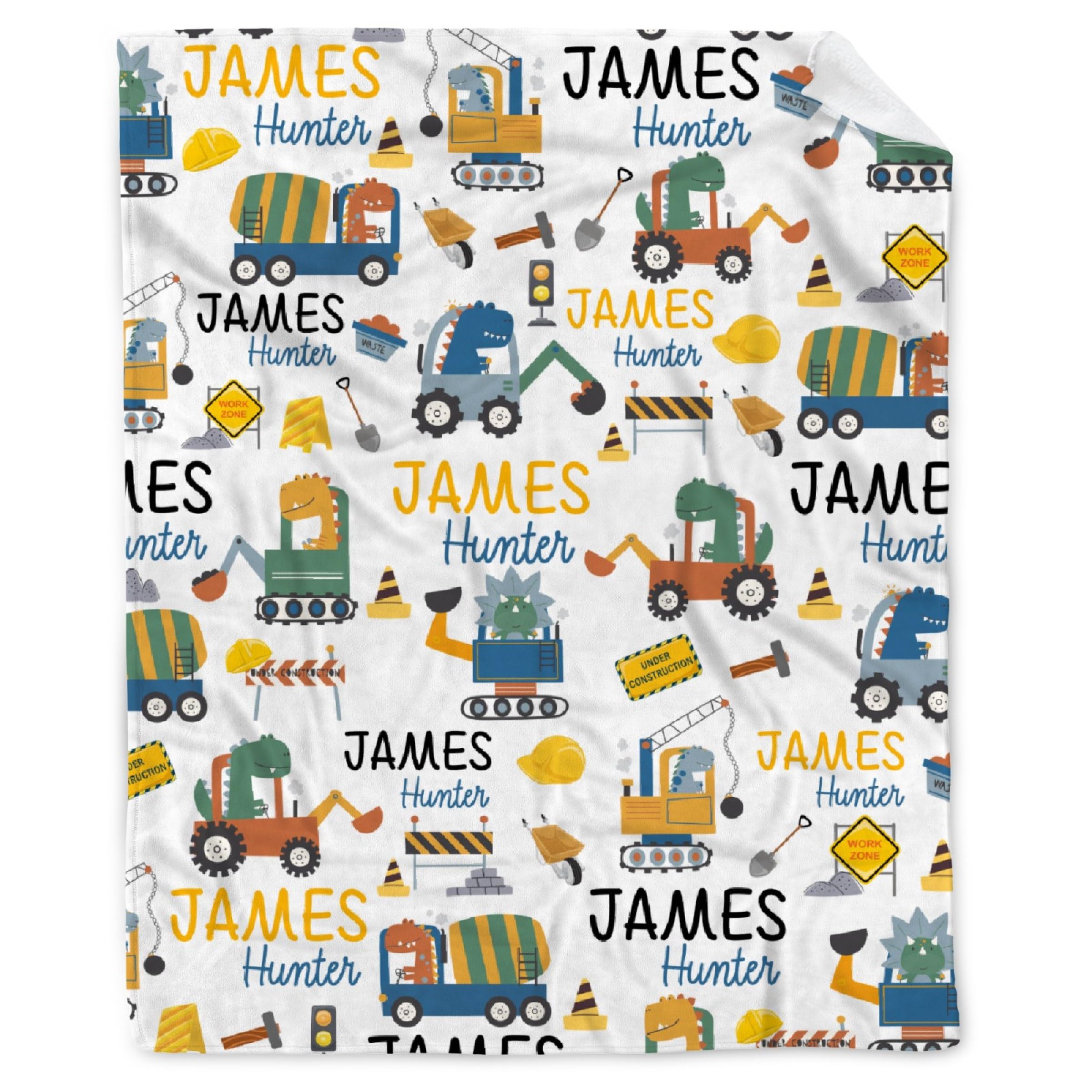 Personalized Dinosaurs Construction Trucks Blanket Gift for Boy Girl