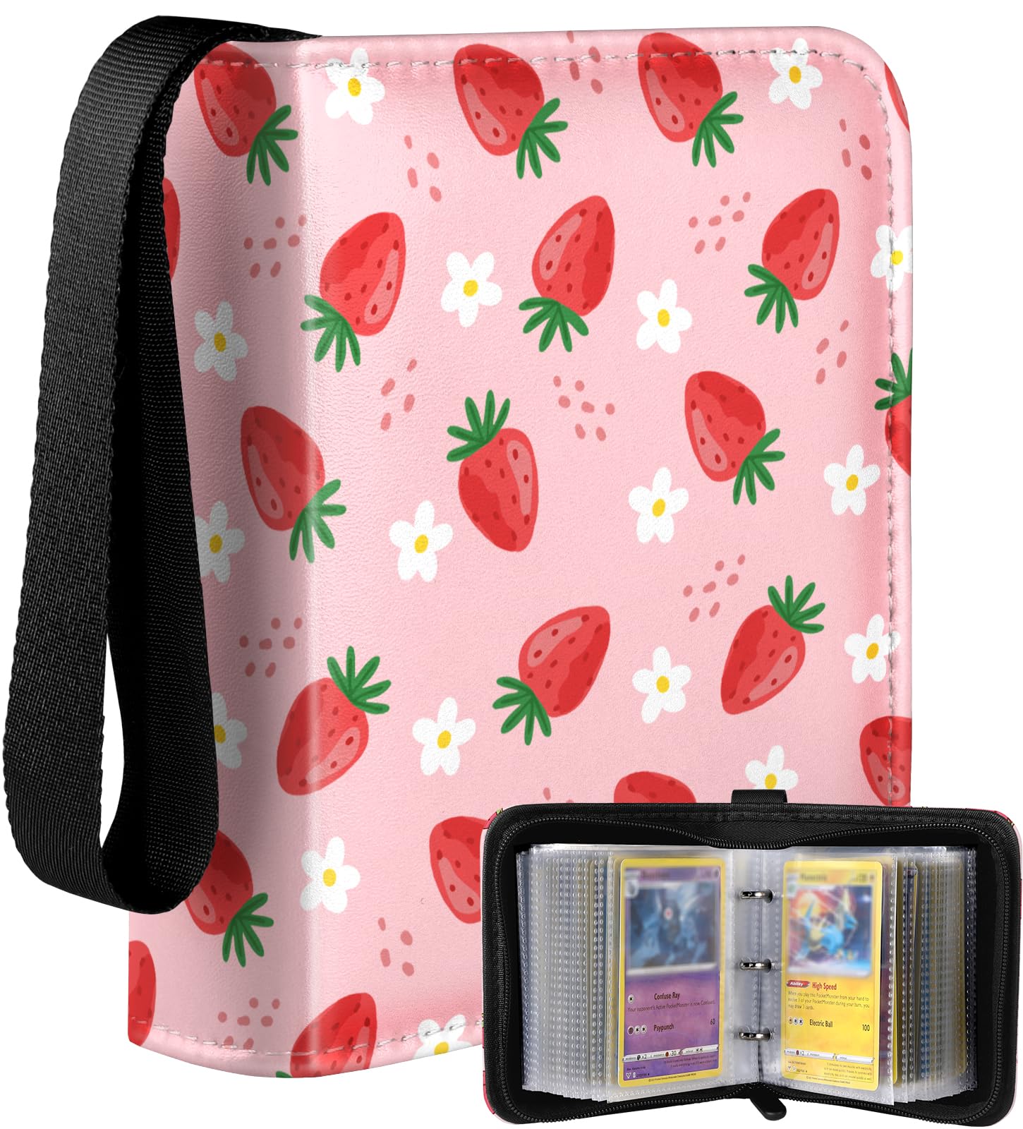 Lotadilo for 1 Pocket Card Binder Mini Size for 80 Cards - Small Trading Card Collection Album Folder Lightweight Portable PK Strawberry Design for