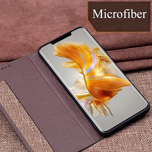 Miniatura 3 de YAGELANG Funda de cuero genuino para Huawei Mate 50 Pro, función de apagado y despertar inteligente, ventana de visión transparente, soporte