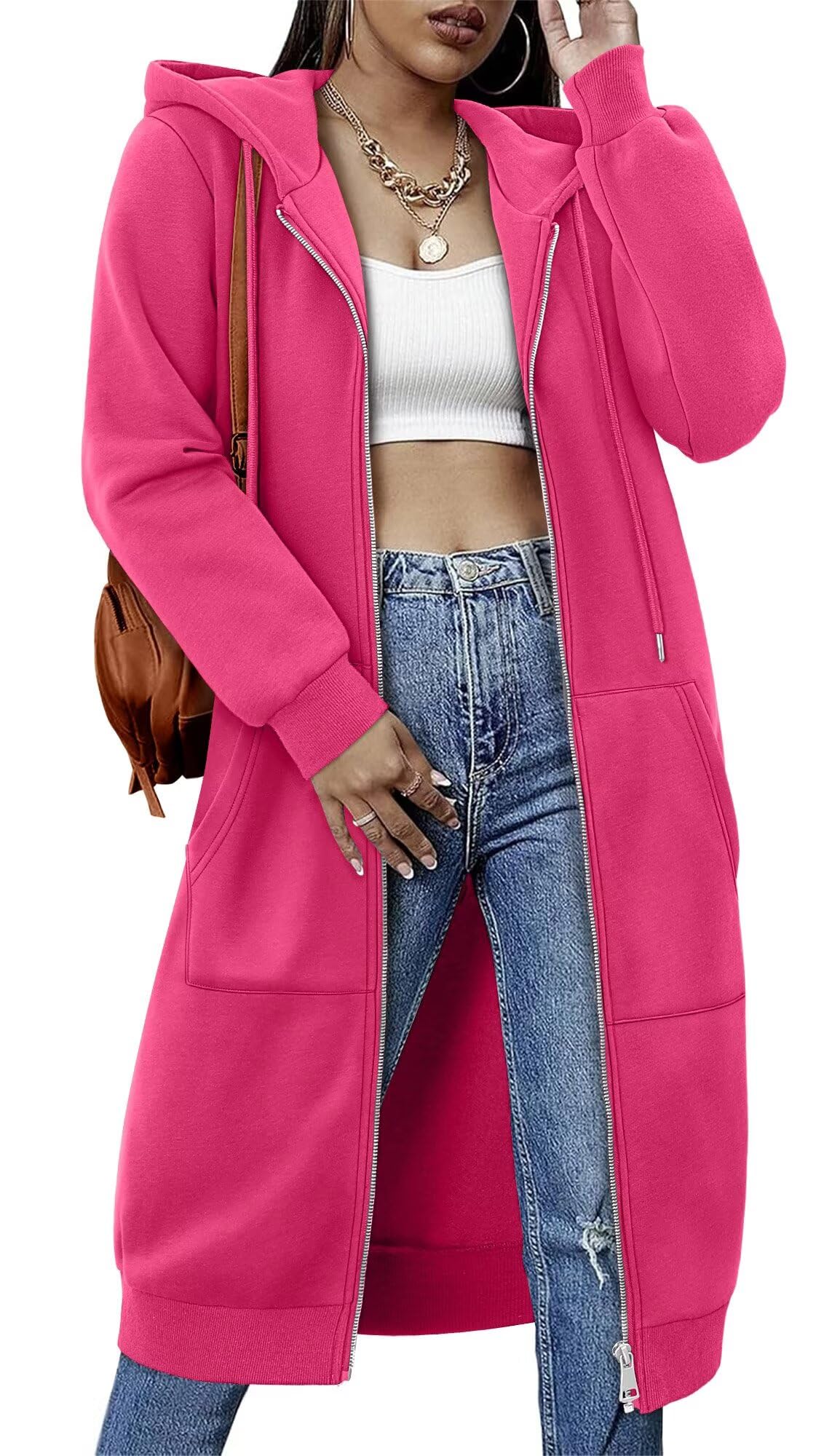 Womens Zip Up Hoodies Fleece Long Oversized Sweatshirt Jacket Casual Fall Coat with Pocket(S-3XL)