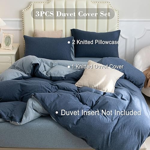 Miniatura 4 de PURE ERA Juego de funda de edredón de punto de jersey, 100% algodón, súper suave y cómodo, juego de ropa de cama de 3 piezas con cierre de