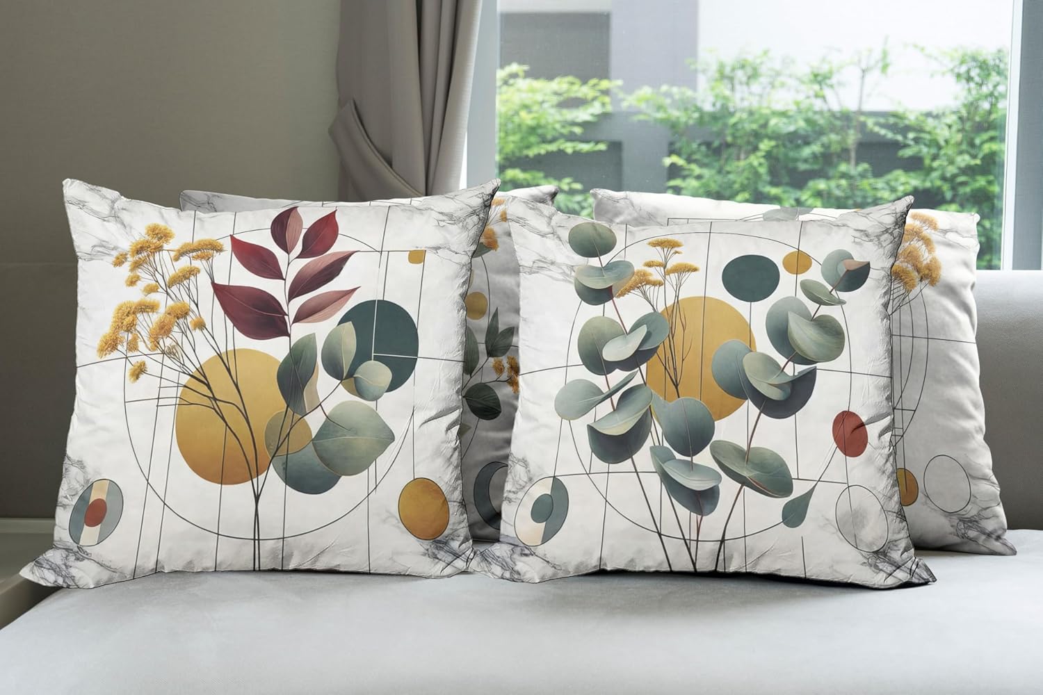 Ambesonne Eucalyptus Throw Pillow Cushion Cover Set of 4, Leaves on Geometric Shapes with Marble Print in Muted Colors, Decorative Accent Double-Sided Printing, 24", Laurel Green and Multicolor