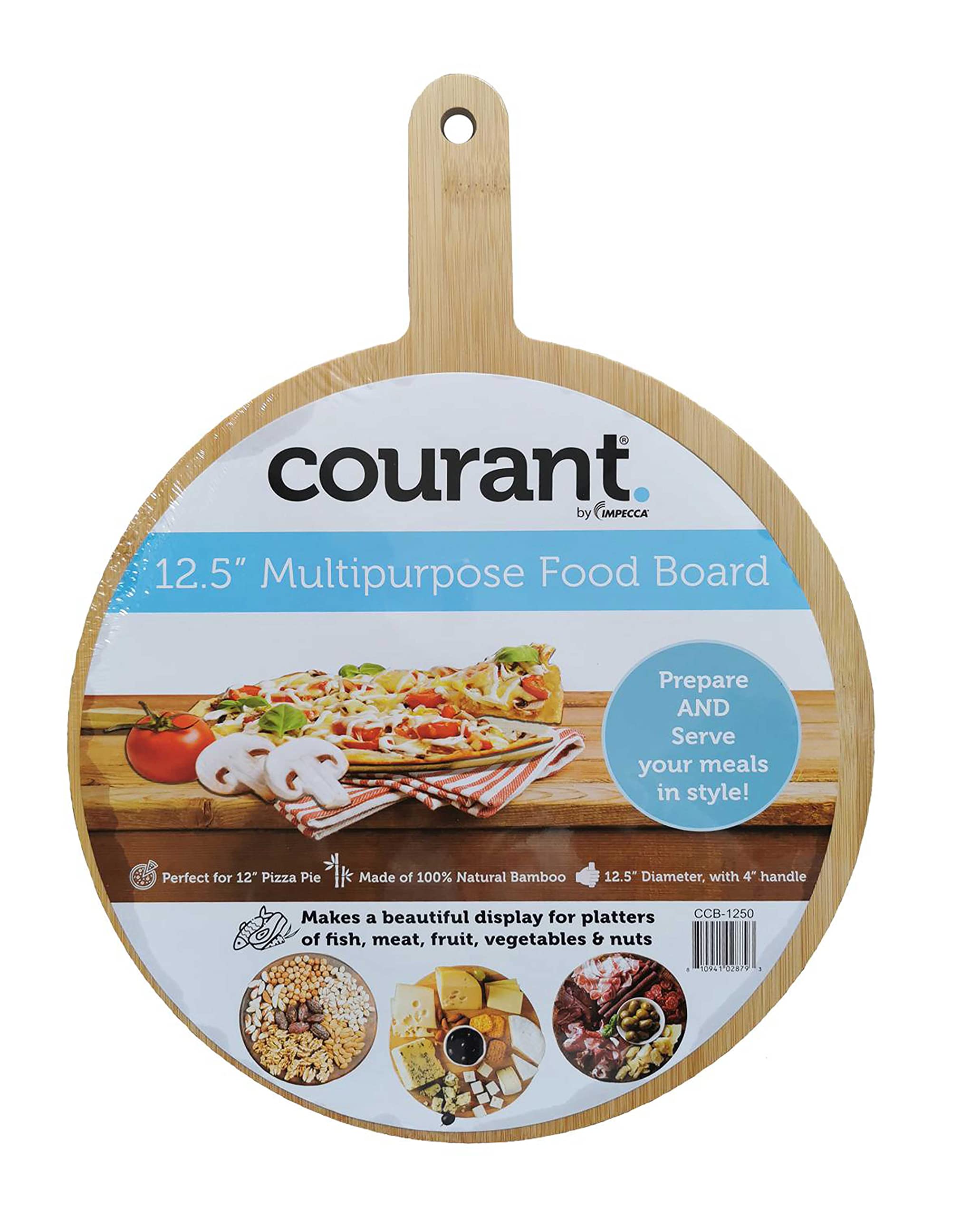 Courant12.5’’ Multipurpose Food Board, 100% natural Bamboo Cutting board 4” handle Decorative Round Serving tray Perfect for Pizza and Party platters of Fish Meat Cheese Fruit Nuts Chocolate -CCB1250