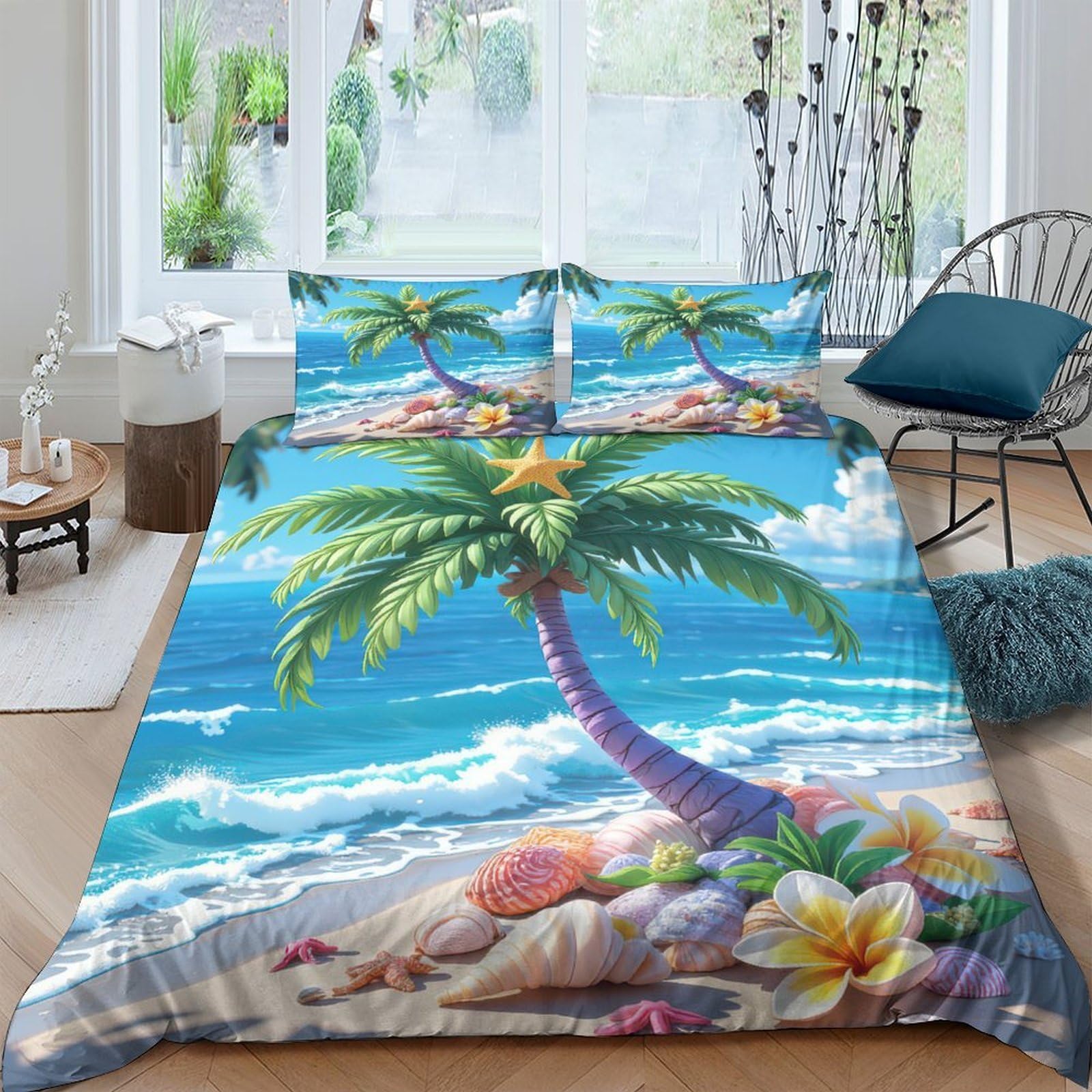 TUFRTGYHN 3D Printed Tropical Beach Duvet Cover Microfiber Blue Ocean Palm Tree Bedding Set with 2 Pillowcases for Bedroom Decor Single（135x200cm）