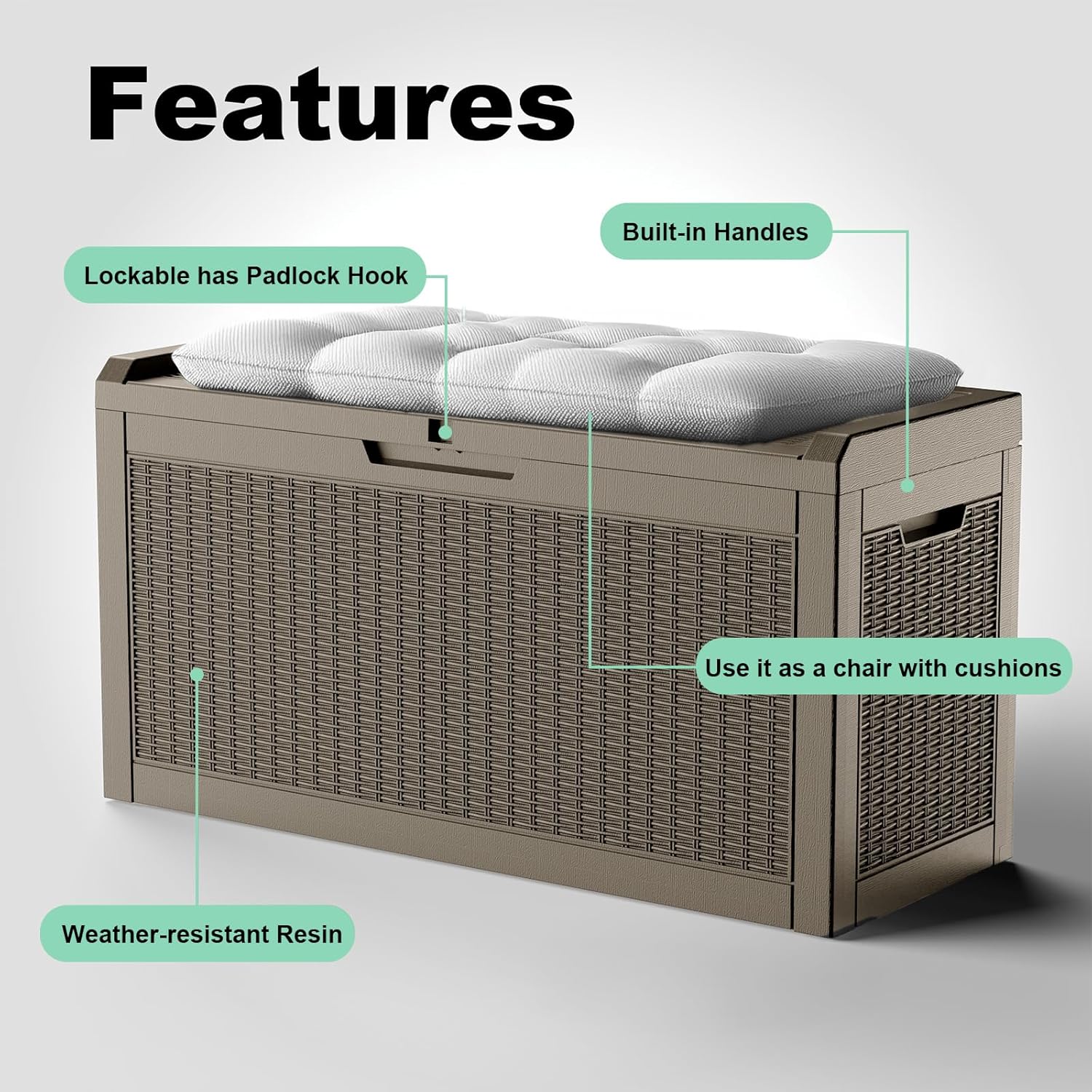 PatioZen 60 Gallon Resin Deck Box, Lockable Outdoor Storage Box for Patio Cushions Storage Furniture,Garden Tools, Pool Supplies, Weatherproof and UV Resistant (Grey)