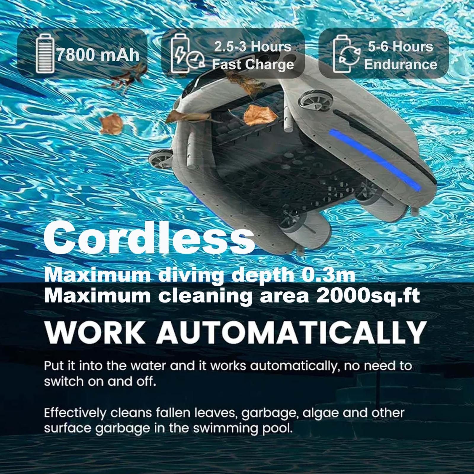 Limpiafondos RobóTico InaláMbrico para Piscinas, con Control Remoto, para hasta 2000sq.Ft, Recogedor AutomáTico De Hojas Y Residuos, Modo De Limpieza De 3 Velocidades