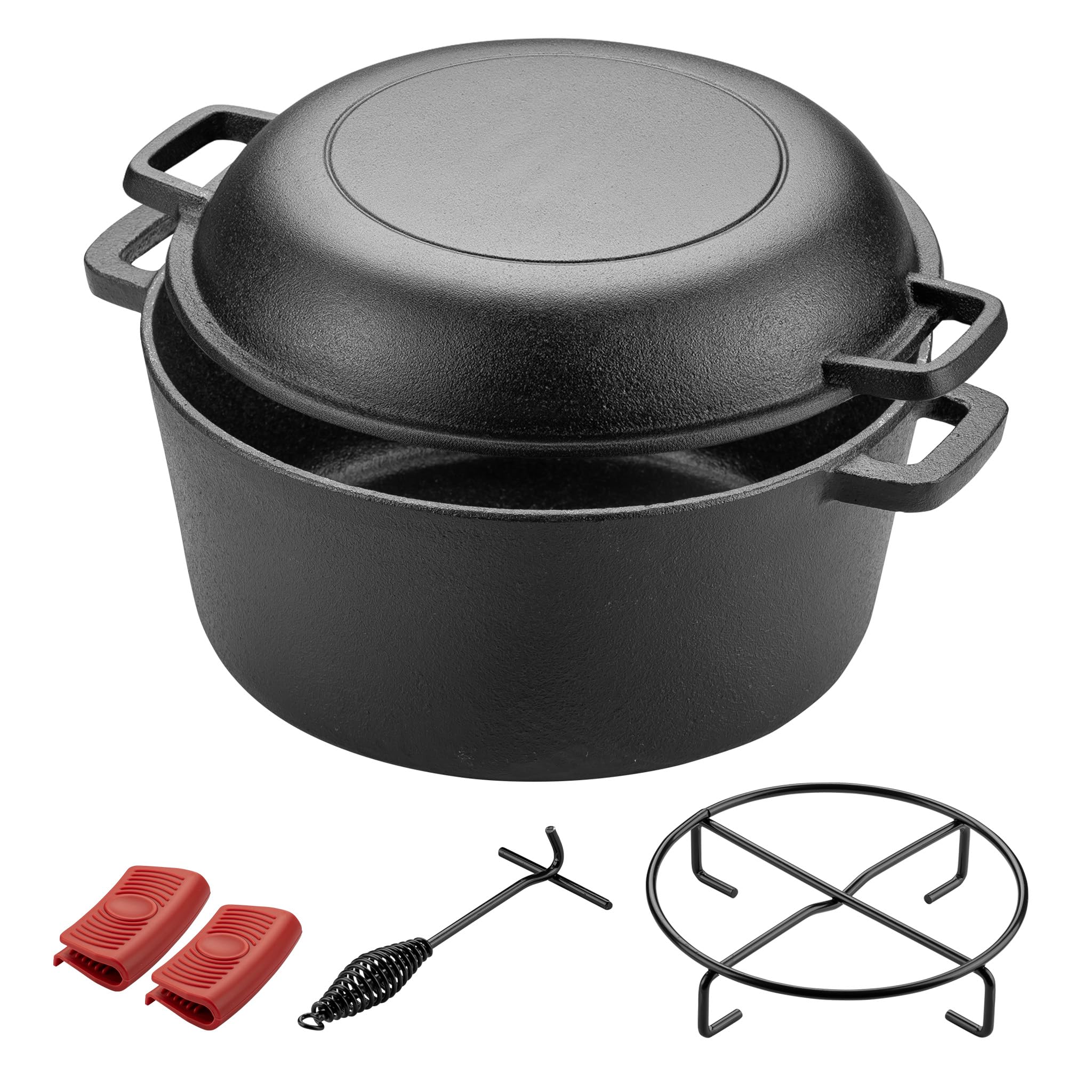 Wiltec 2in1 Dutch Oven 32 x 26 x 16 cm Grilltopf aus Gusseisen, Schmortopf plus Deckel, Feuertopf inkl. Topfgestell, Deckelhalter und Griffe