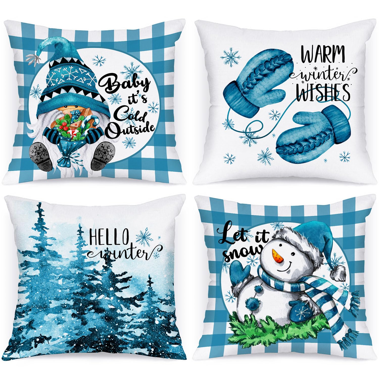 Lanpn 4 Stück Kissenbezug Weihnachten Kissenhülle 45x45 cm, Zwerg Winterkissenbezug Dekoration für Sofa Blau 45 x 45 cm