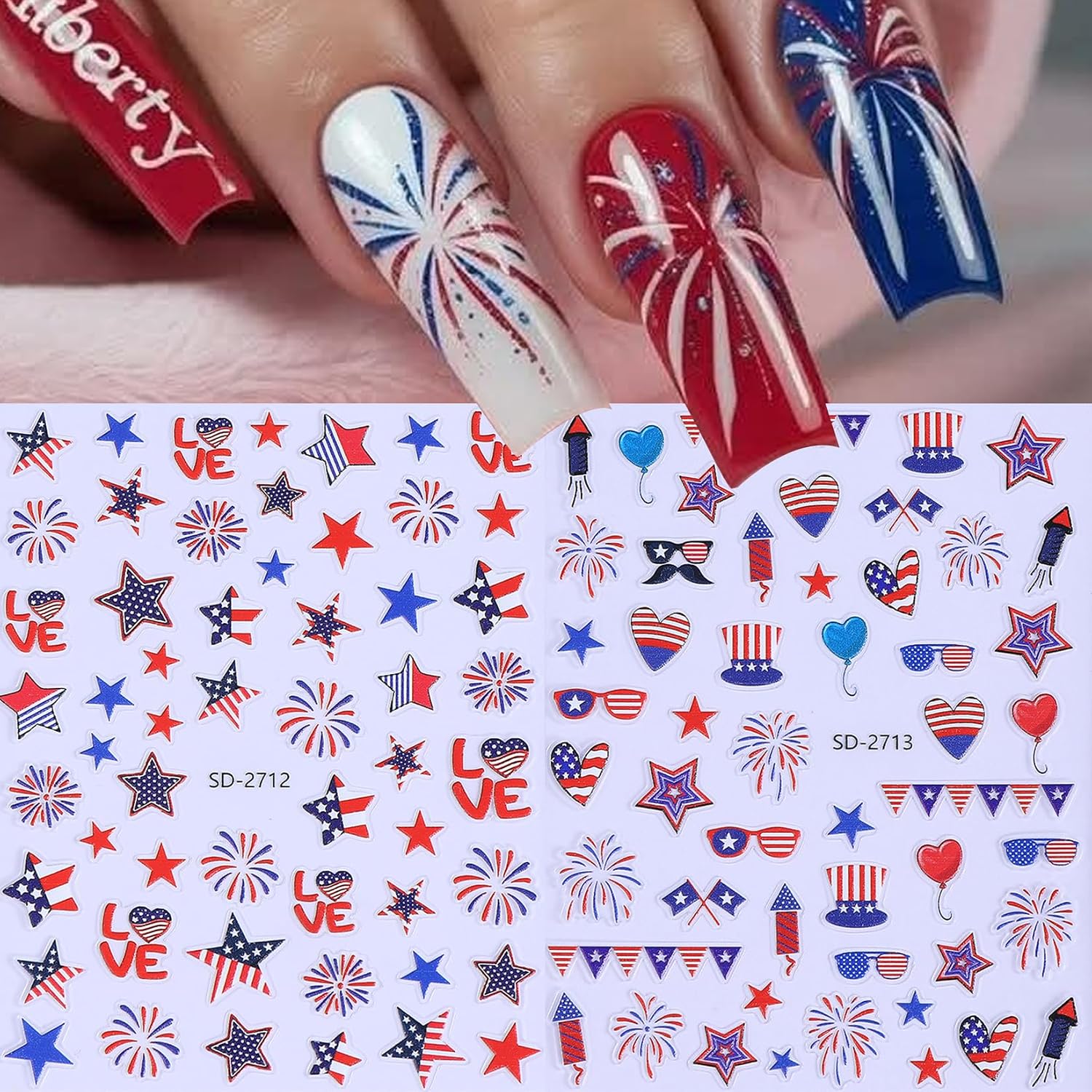 4th of July Nail Art Stickers Decals 6 Sheets 5D Embossed Self-Adhesive Independence Day Nail Stickers Flag Stars Fireworks Patriotic Nail Art Decoration Fourth of July Design Manicure Supplies