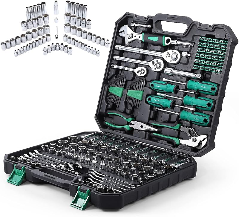 213 Piece Mechanic Tool Set and Socket Wrench Set, SAE and Metric Household Hand Tool Kit, Cr-V Constructed, Home/Auto Repair Tool Sets with Storage Case