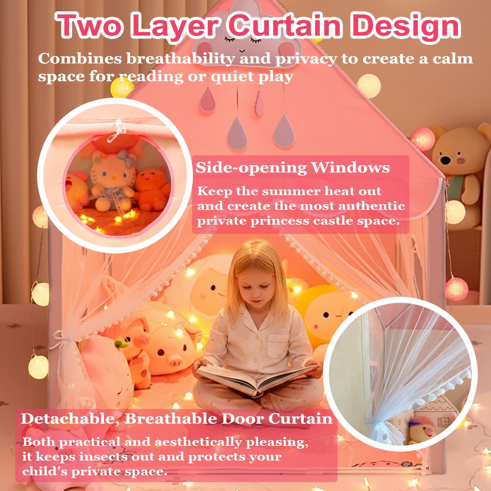 Large Kids Play Tent Indoor, 2 in 1 Children’s Playhouse with Star Lights and Colourful Flags - Image 3