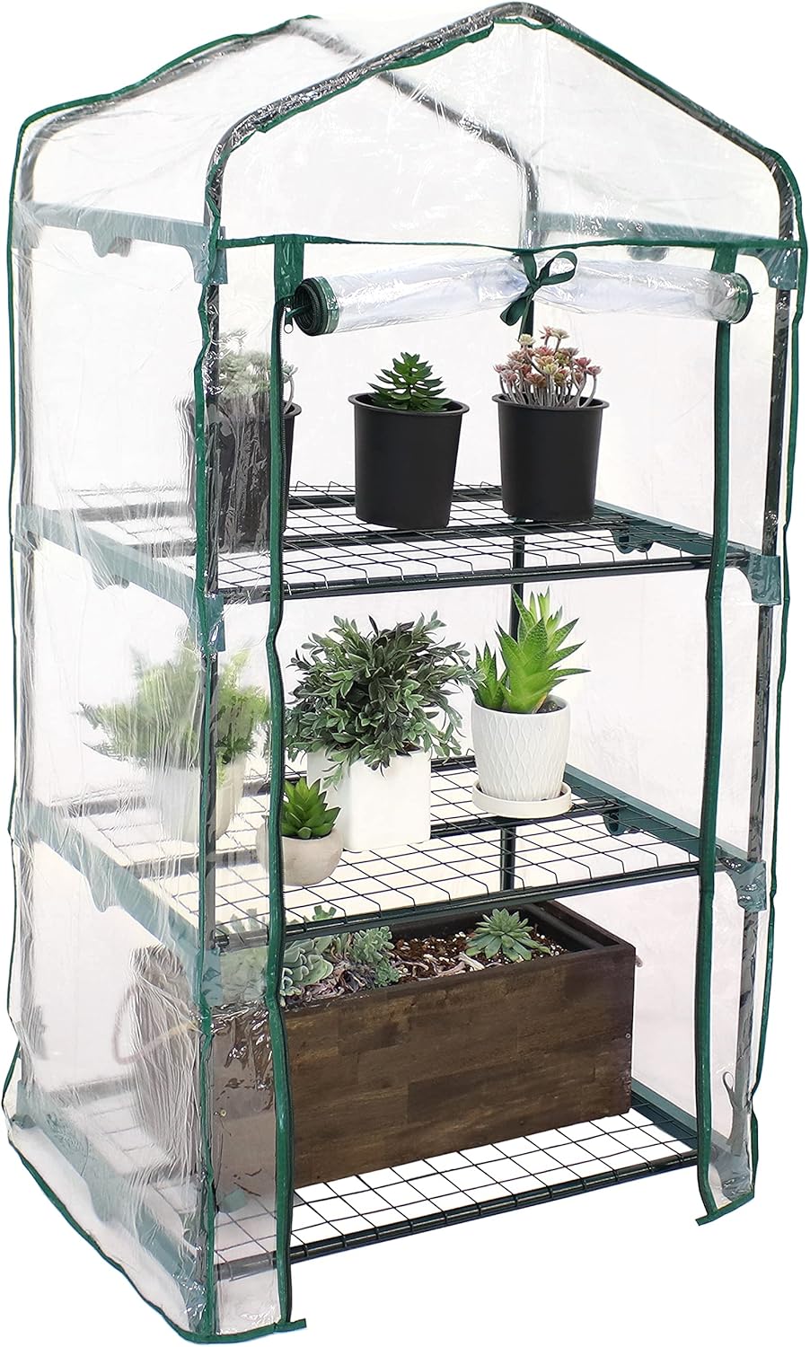 Sunnydaze Outdoor Portable 3-Tier Mini Greenhouse with Roll-up Zippered Door and Steel Wire Shelves - Clear
