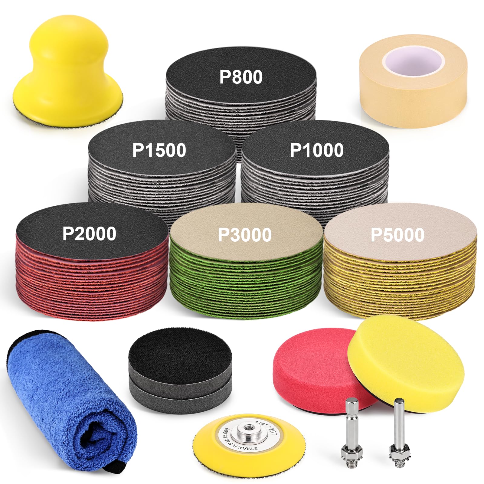 130 PCS 75mm Hook and Loop Wet Dry Sanding Discs, WEWINK PLUS Car Headlight Restoration Kit 3 Inch 800-5000 Grit Sandpaper Drill Polishing Attachment with Interface Pads, Back Plate for Wood, Metal
