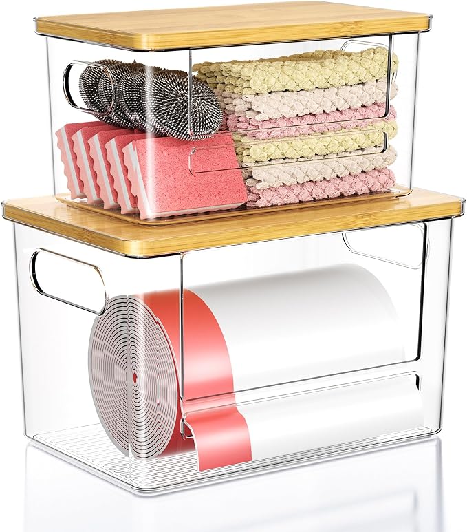 Trash Bag Dispenser 2 Pack, Stackable Trash Bag Holder with Bamboo Lid