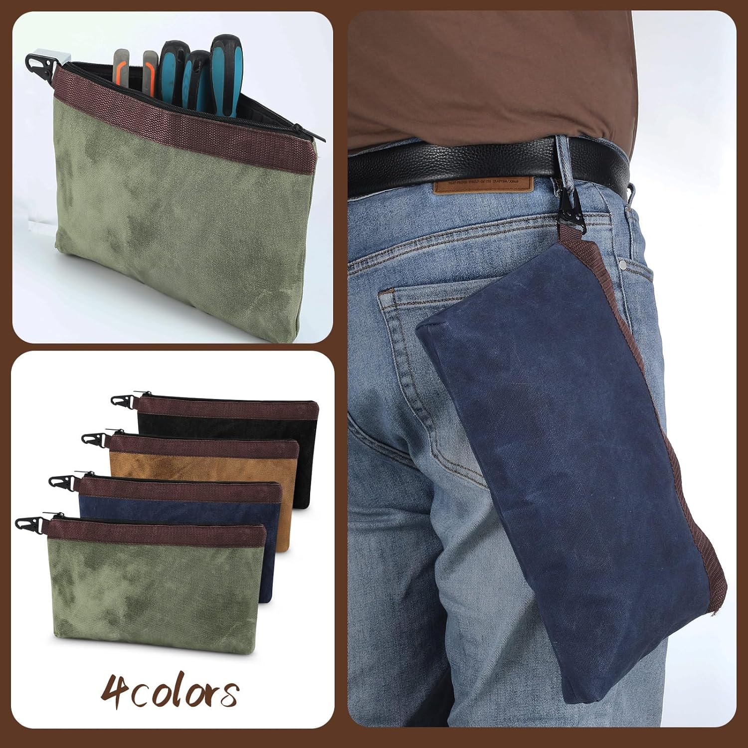 Aliceset 4 Pcs Waxed Canvas Tool Pouch 13 Inch Heavy Duty Canvas Tool Pouch with Zipper 16 oz Electrician Bag Utility Instrument Organizer for Man Electrician Gift