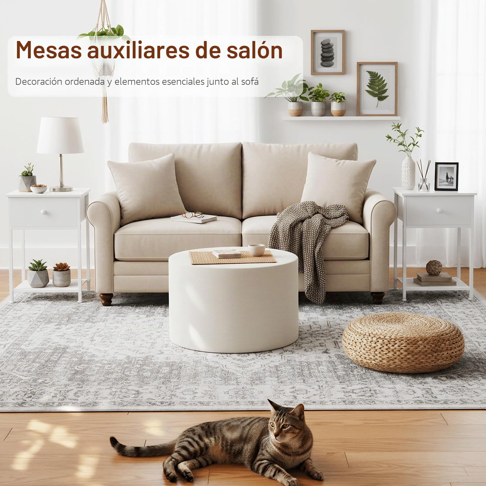 AMHANCIBLE Juego de 2 Mesitas de Noche, Mesilla de Noche Pequeñas con Cajón de Tela, Mesita Auxiliar Industrial Delgada con Estante, para Dormitorio, Salón o Espacios Pequeños, Blanco EHET03SDWT