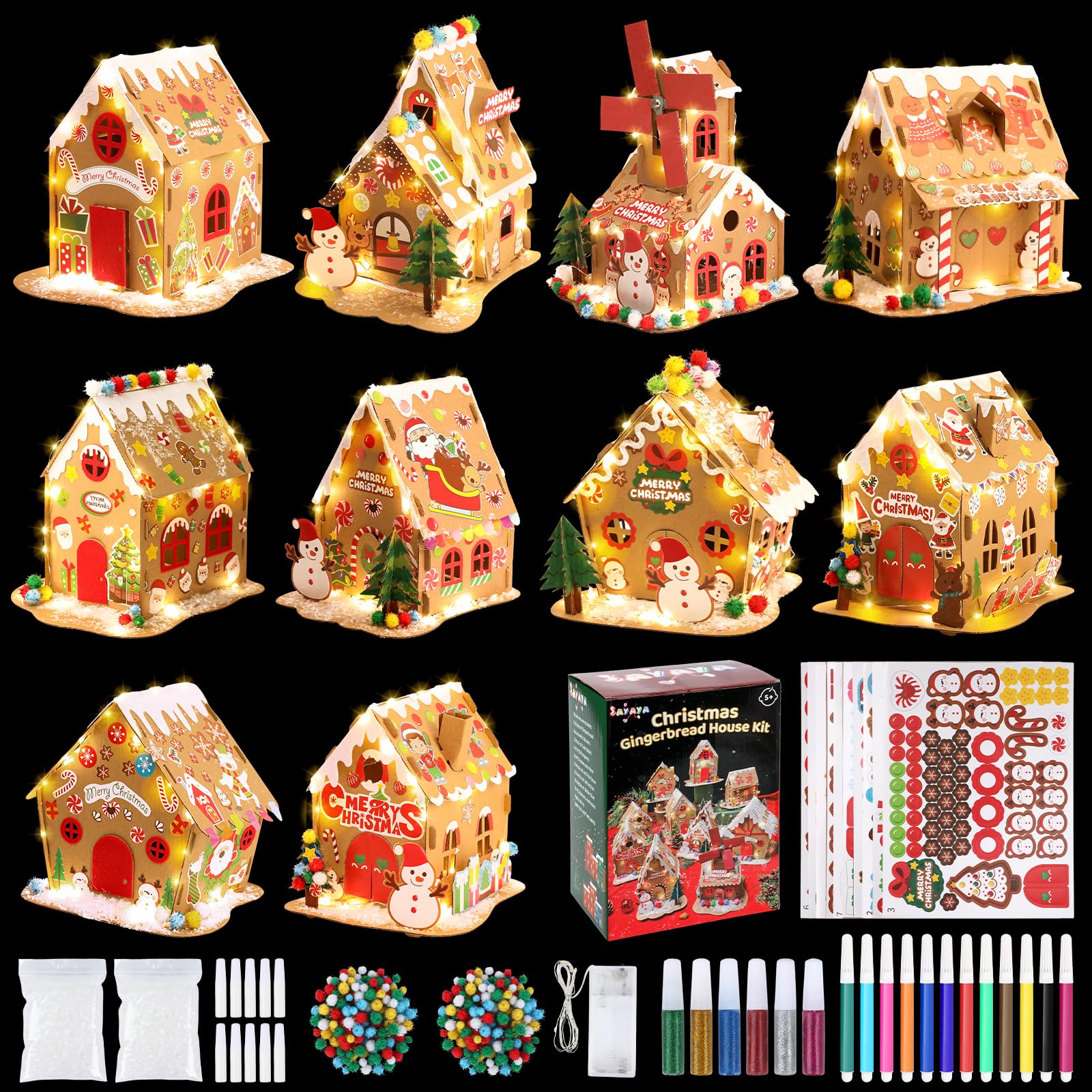 SAYAYA 10 juegos de casa de jengibre de Navidad LED a granel DIY tu propia casa de jengibre de Navidad con pompones, calcomanías, cuerdas de luz, bolígrafos kit de manualidades para Navidad