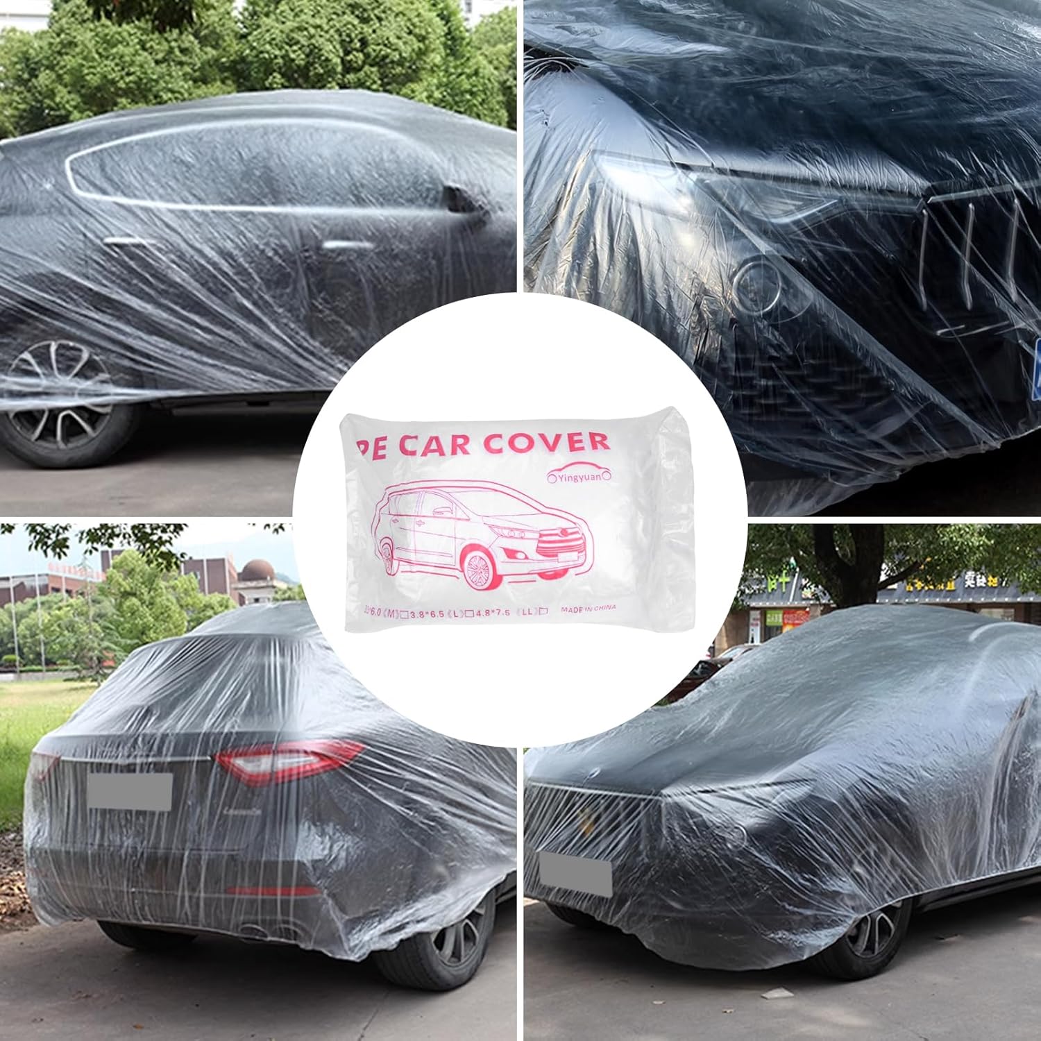 4Pack Disposable Plastic Car Covers, Clear Car Cover 15.7x24.6ft Extra Large Universal Full Car Cover Waterproof Dustproof Car Protective Cover with Elastic Band for Auto Vehicle SUV Van Truck