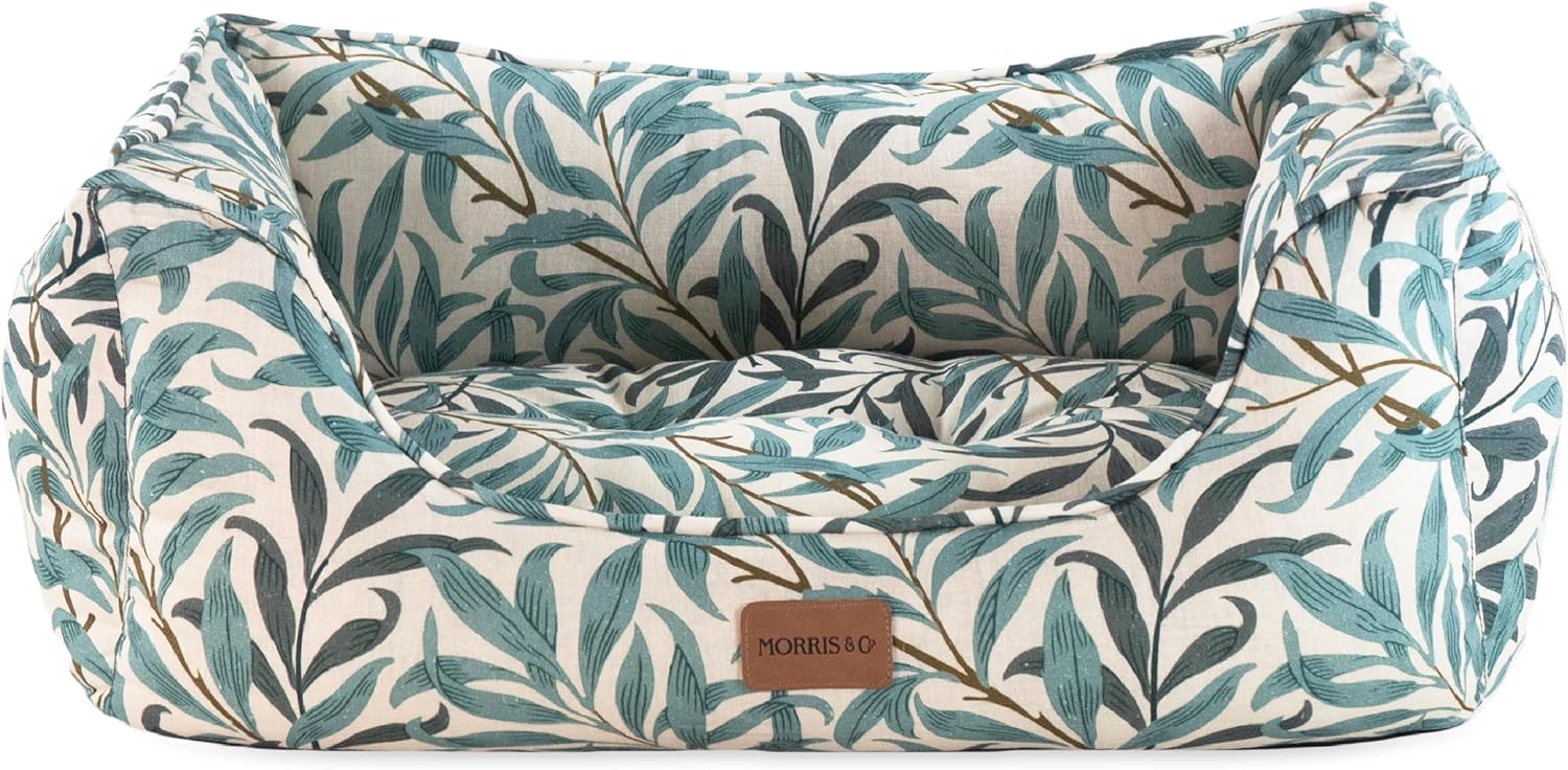 Rosewood x Morris & Co. Willow Boughs Box Bed for Dogs, Medium Dog Bed, Ivory/Green, Padded Sides, Non-Slip Base, Washable, Luxury William Morris Print