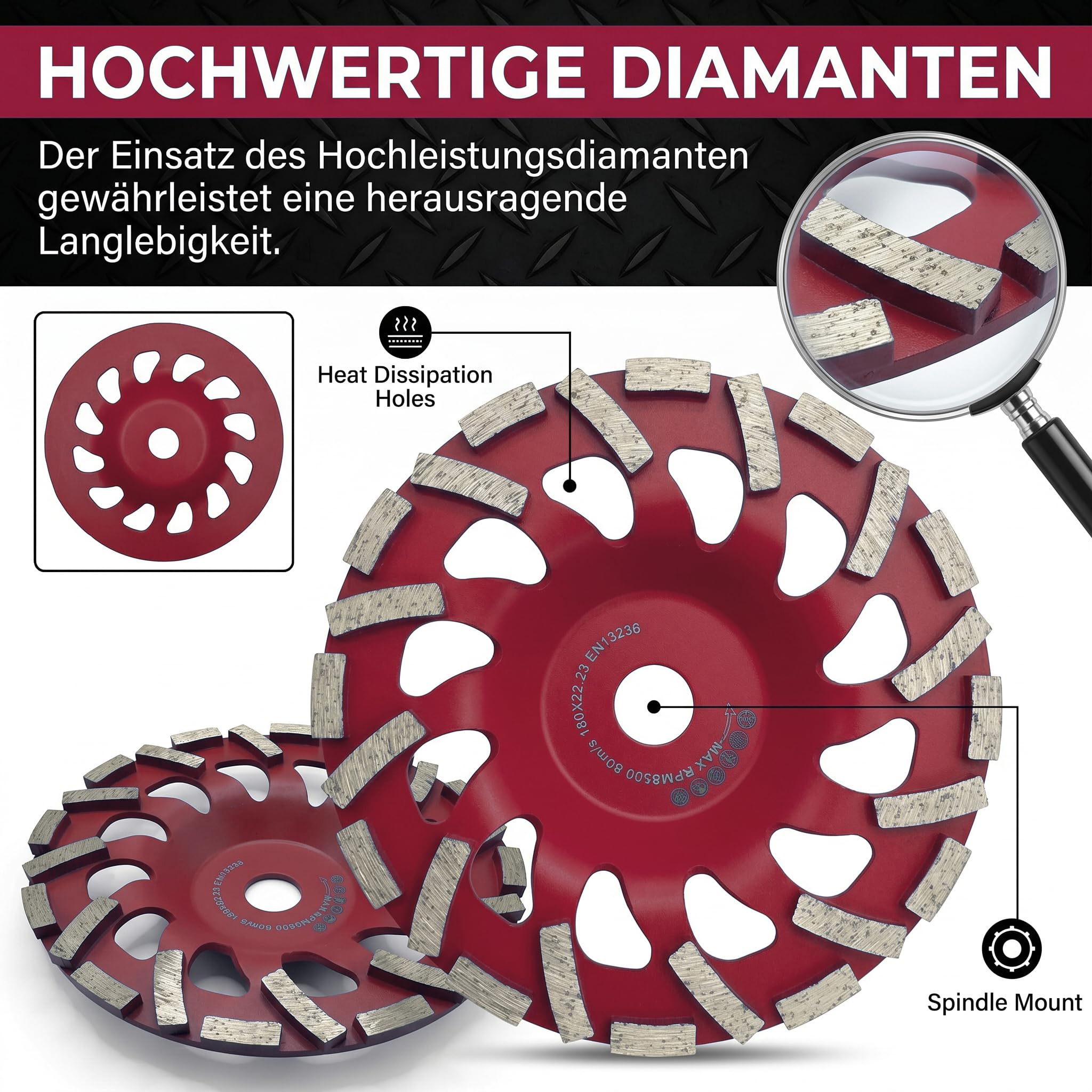 Disque Diamant à Poncer Béton 180 mm × 22,23 mm, Ponçage et Surfaçage 180 pour Granit, Pierre Naturelle, Chape, Plâtre, Marbre(rouge)