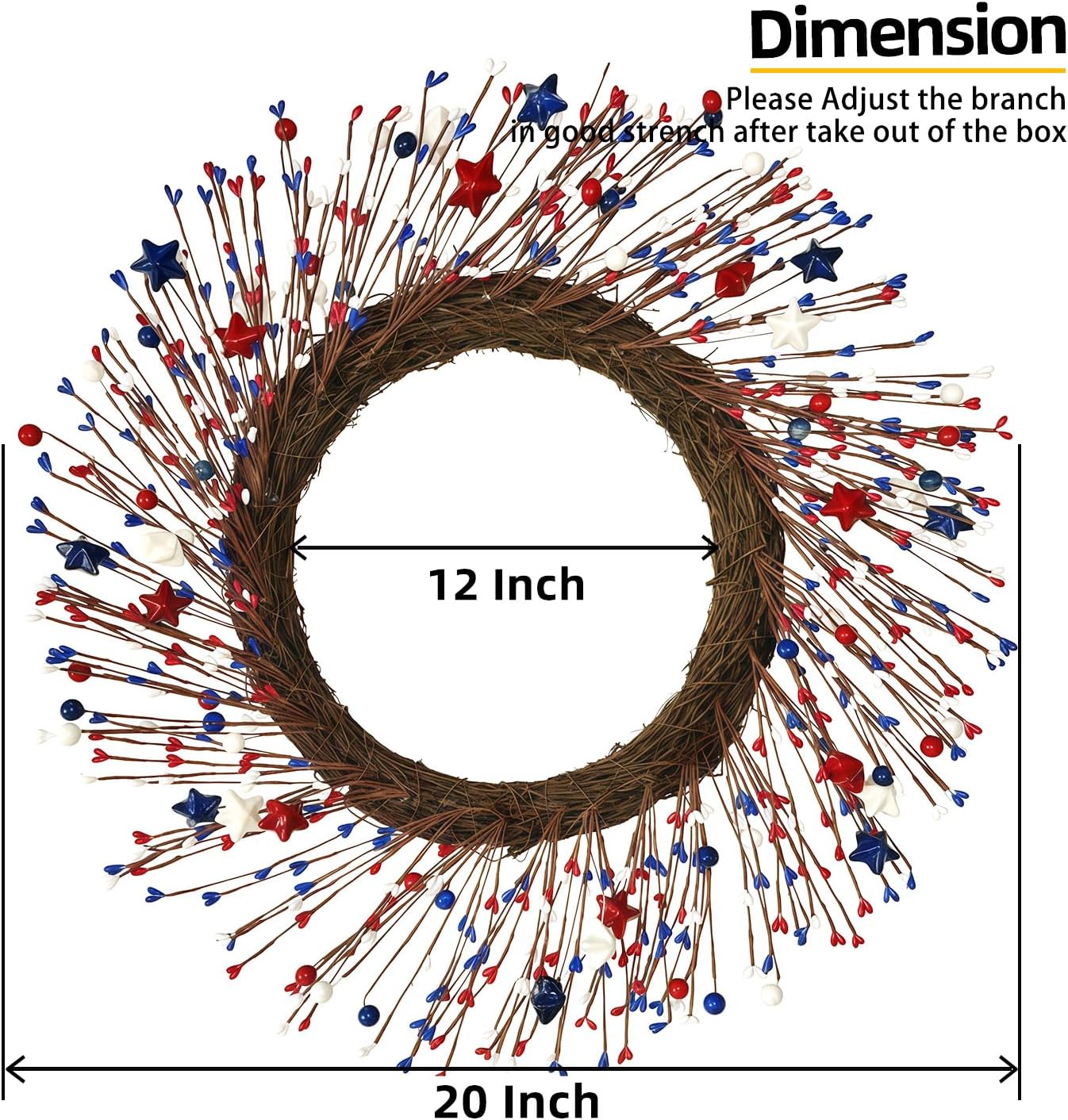 HipTree 20 Inch Patriotic Wreath for Front Door, 4th of July Wreath with Red White Blue Stars & Sprouts for Memorial Day, Independence Day,Veterans Day, Flag Day,Summer Decorations