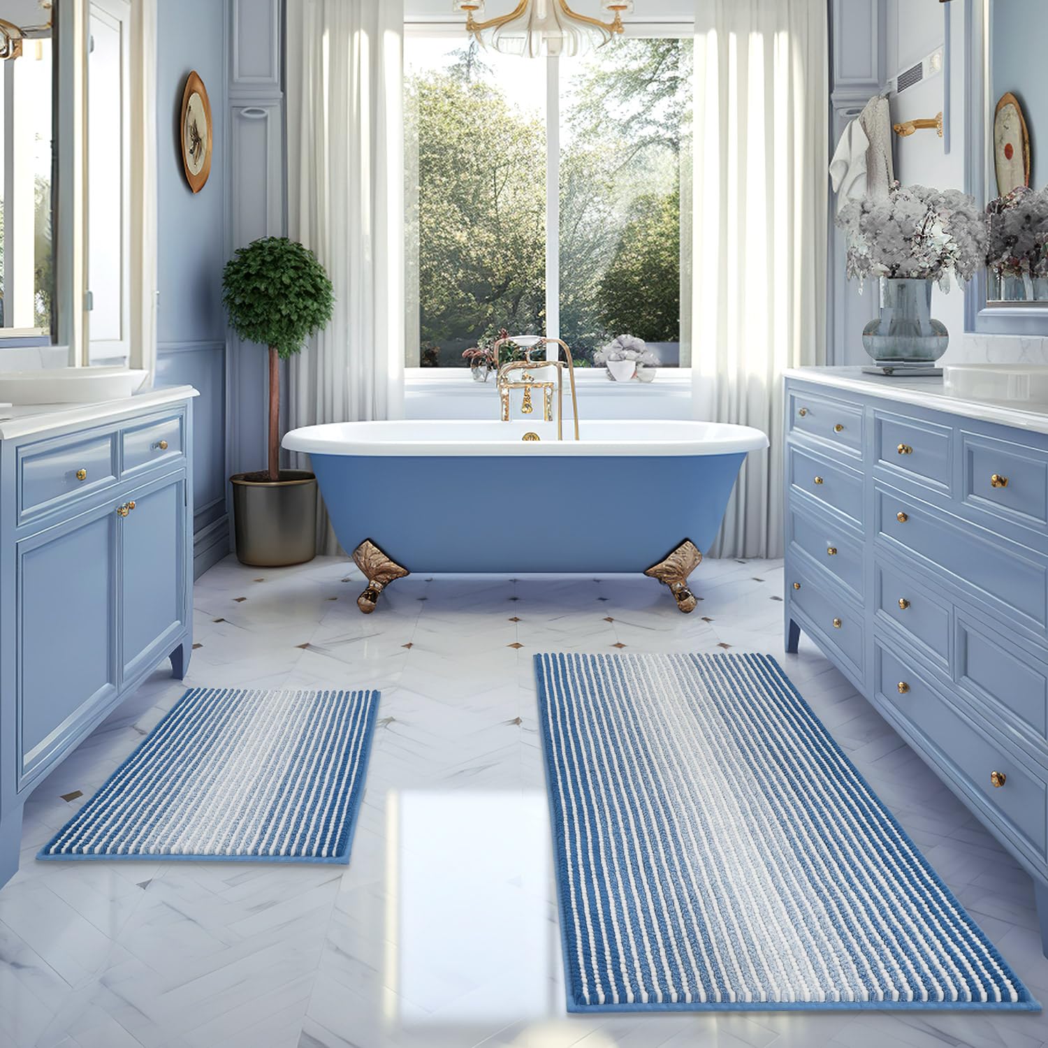 BSICPRO Bathroom Rugs and Mats Sets, 2 Piece Thick Absorbent Chenille Bath Mat Rug Set Non Slip, Soft Shaggy Bath Room Floor Mats for Bathroom,