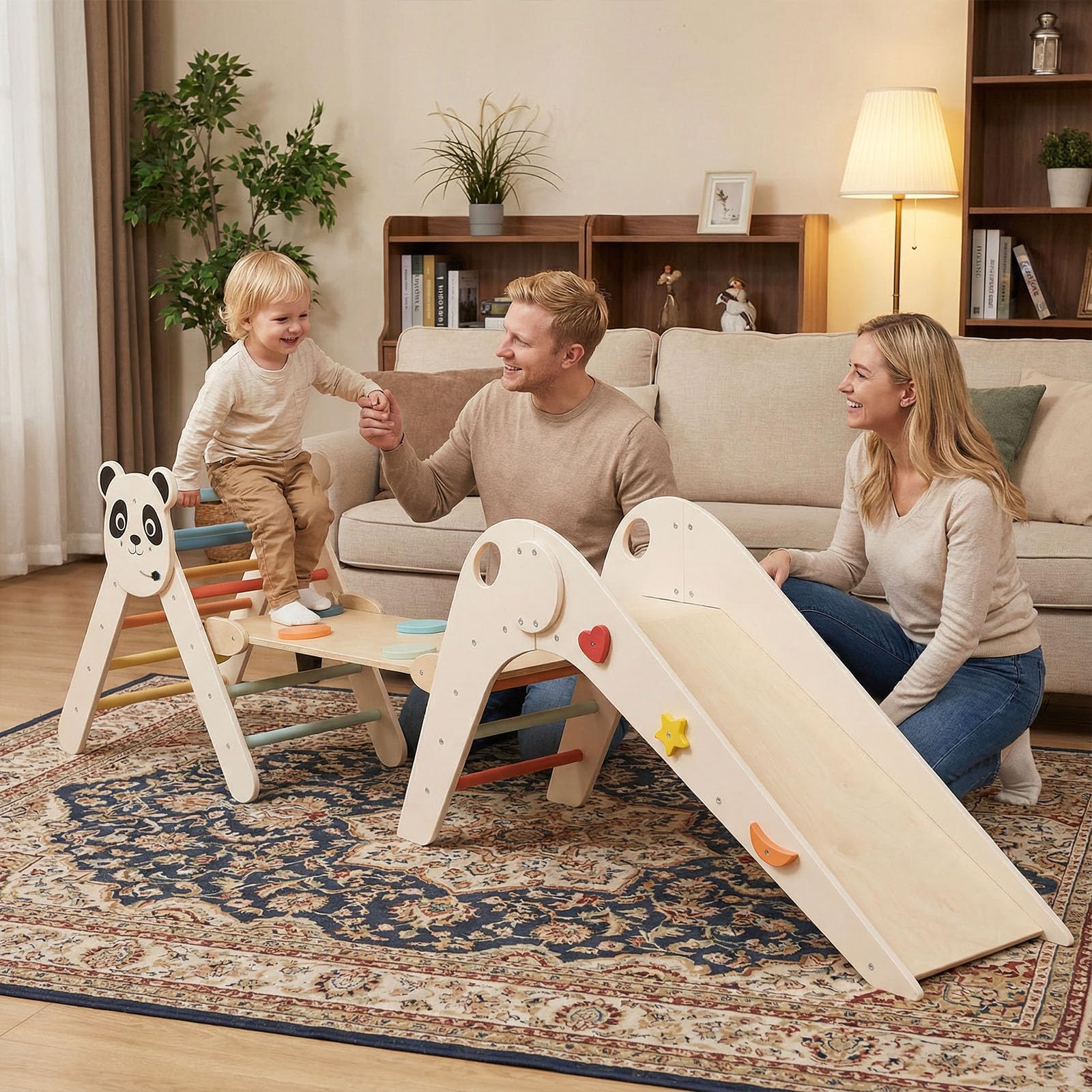 COSTWAY Kletterdreiecke Indoor 3er Set, klappabres Kletterdreieck mit Rutsche, Rampe, Kletterleiter, inkl. Baustein Set, Klettergerüst Holz, Sprossendreieck für Kinder ab 3 Jahr (Macaron)