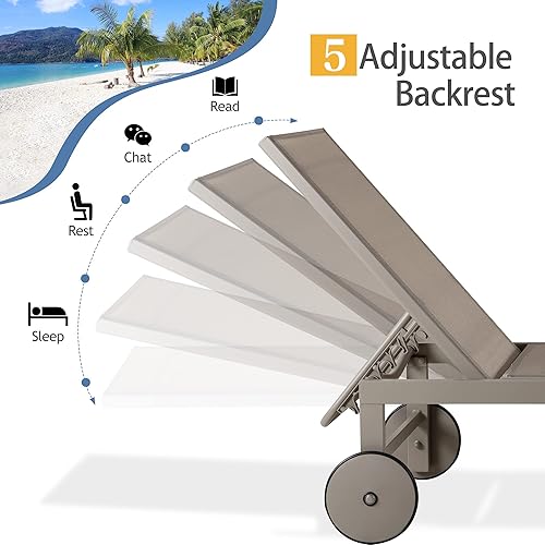 Vista 11 de QAQA - 2 tumbonas para exteriores con ruedas, silla de aluminio para patio con 5 posiciones ajustables para piscina, playa, patio, gris oscuro