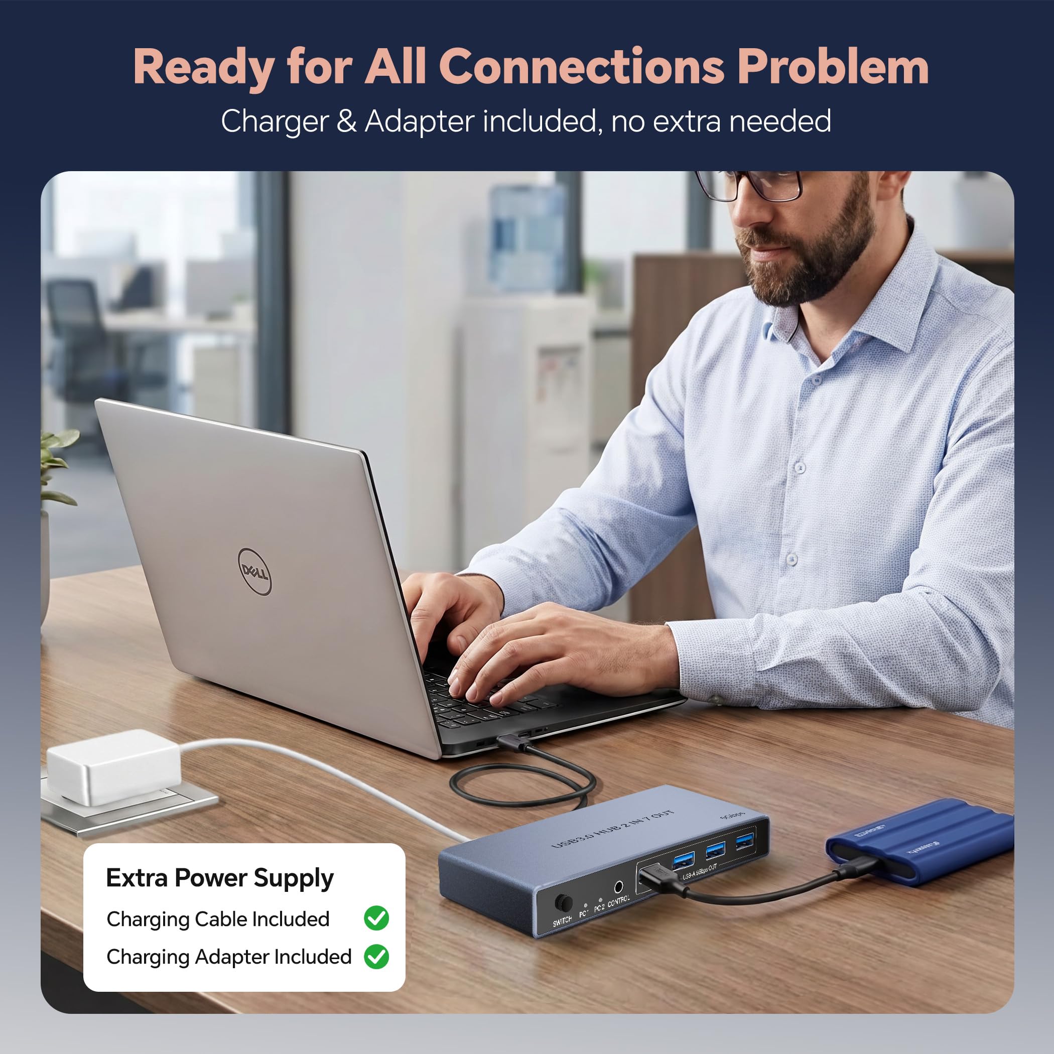 USB 3.0 Switch 2 in 7 Out, USB Switcher für 2 Computer Share 4 USB-A + 3 USB-C Geräte - 5Gbps USB Switch Hub für Laptop Tastatur Maus Drucker mit Controller, USB C Stecker Adapter, Netzteil