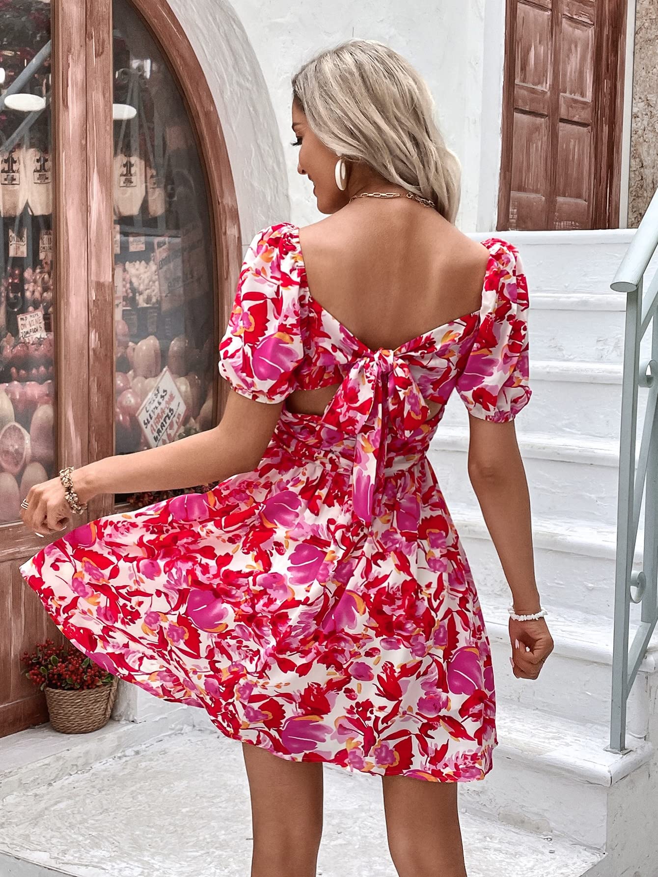backless puff sleeve dress White Backless Puff-Sleeve Midi Dress main image 0
