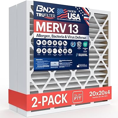 BNX TruFilter 20x25x4 (19.5’’ x 24.5’’ x 3.63‘’ Slim Fit) MERV 13 Air Filter (2-Pack) - MADE IN USA - Air Conditioner HVAC AC Furnace Filters Health, Allergies, Mold, Bacteria, Smoke, MPR 1900 FPR 10