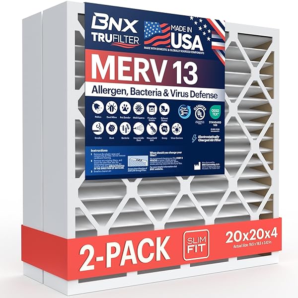 BNX TruFilter 20x25x4 (19.5’’ x 24.5’’ x 3.63‘’ Slim Fit) MERV 13 Air Filter (2-Pack) - MADE IN USA - Air Conditioner HVAC AC Furnace Filters Health, Allergies, Mold, Bacteria, Smoke, MPR 1900 FPR 10
