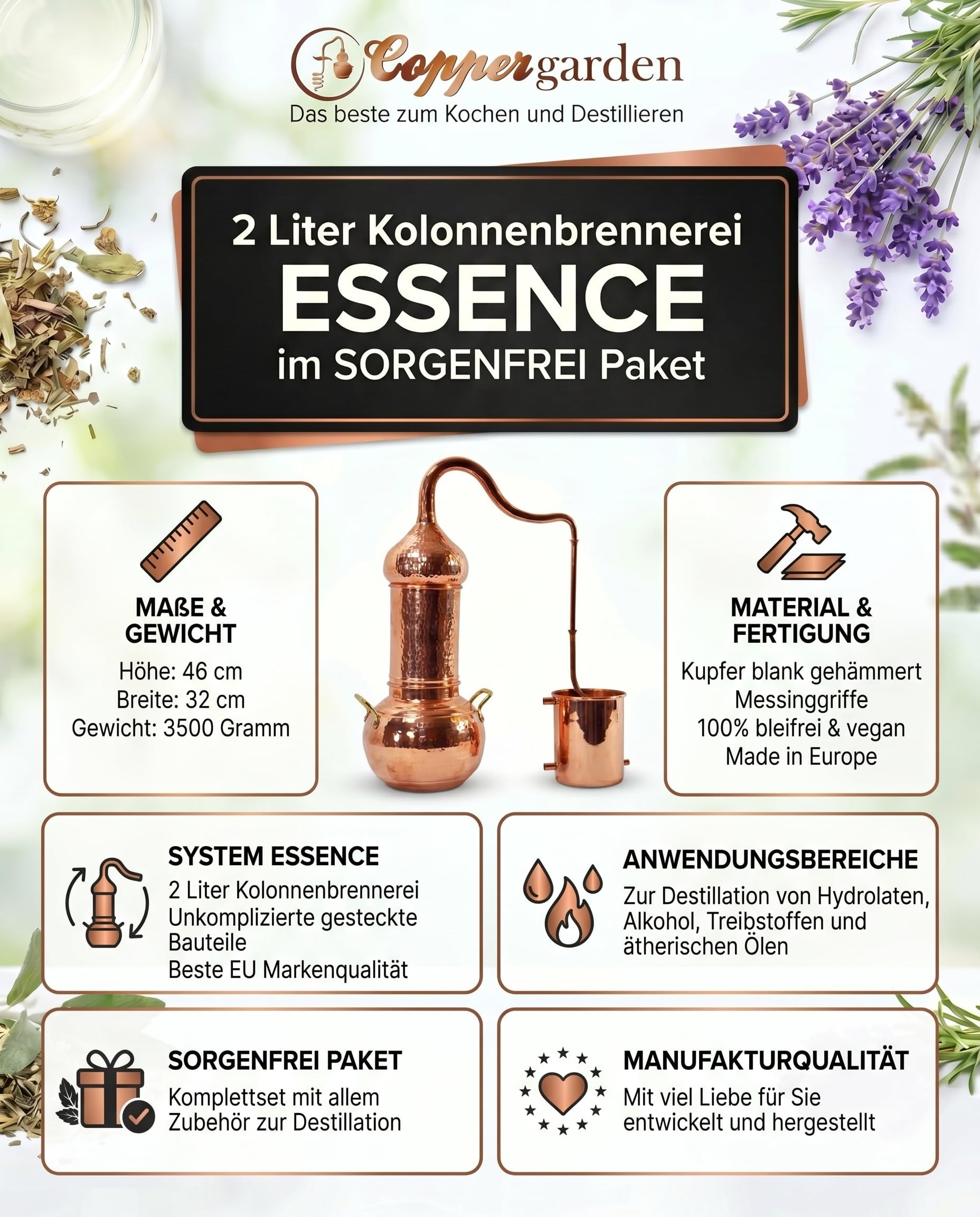 Copper Garden Kupfer Destille Essence Plus 2 Liter | Sorgenfrei Paket I Komplettes Destillen Set | Kolonnenbrennerei mit Aromakorb | Legales Destilliergerät für ätherische Öle / Hydrolate / Düfte / Wasser etc.