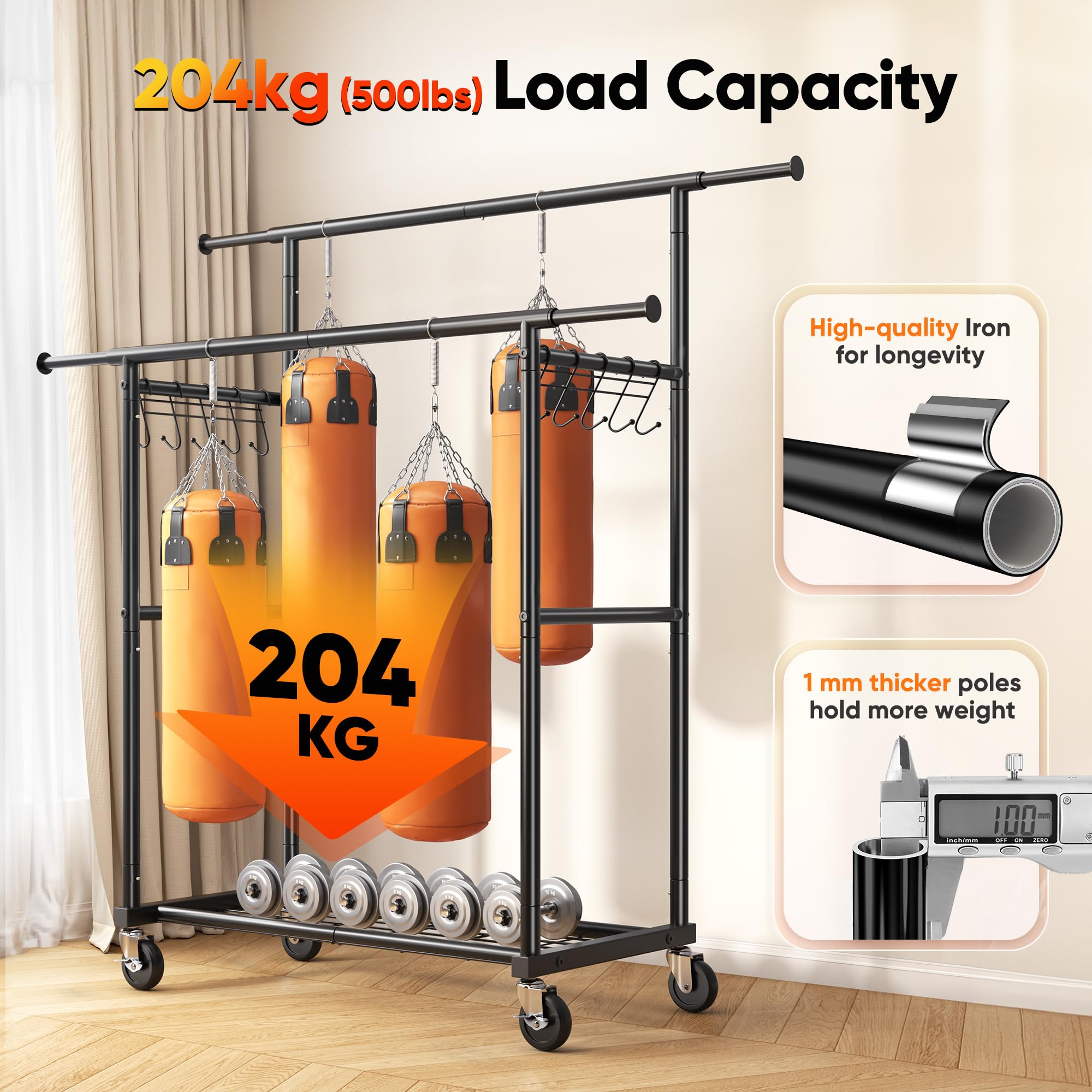 HOKEEPER - Perchero de doble barra, resistente, capacidad de 204 kg con ruedas y estantes, perchero portátil para dormitorio, lavandería, abrigos y prendas, color negro